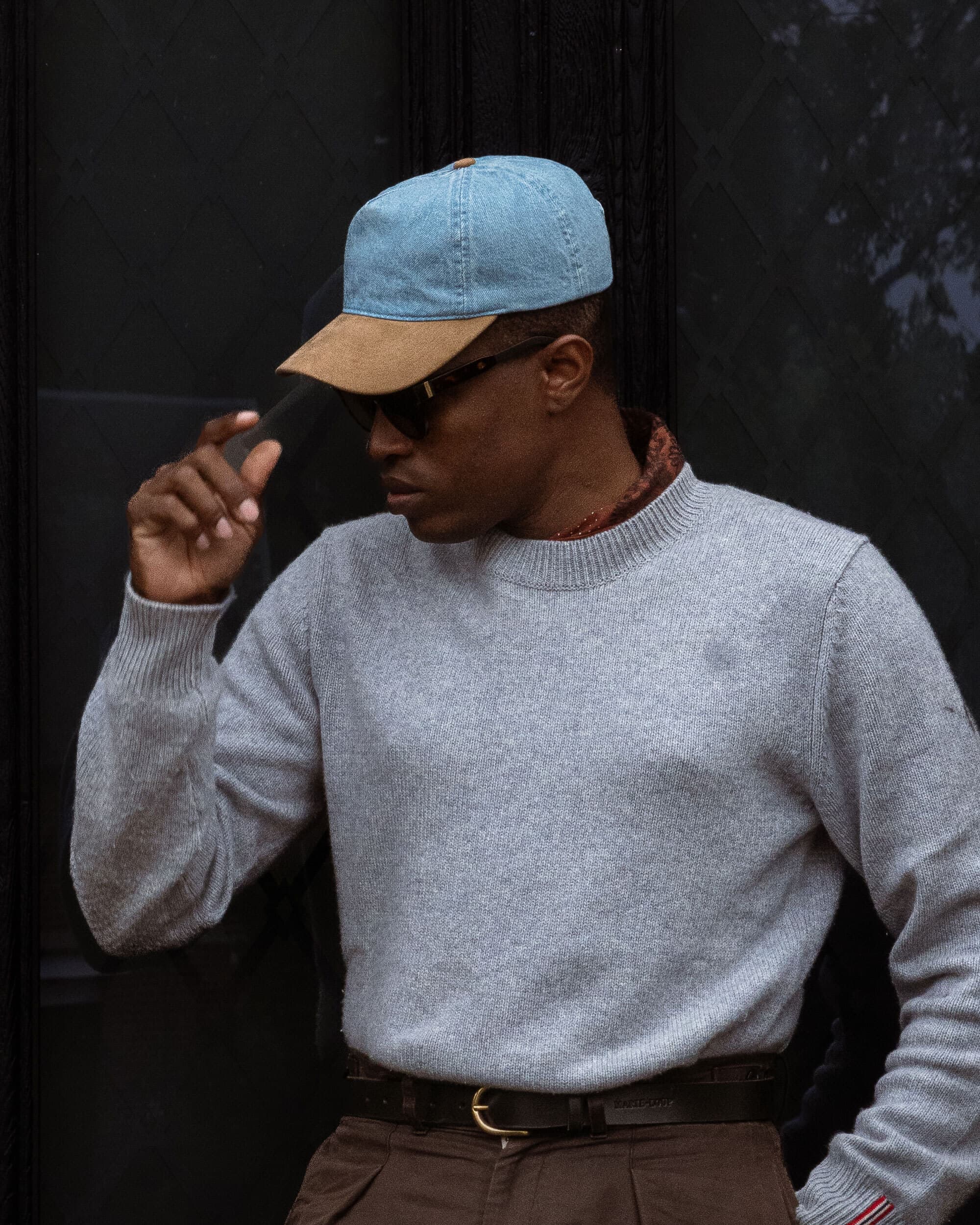 Male wearing the Soft Cruz dual cap in denim and alcantara from Varsity Headwear