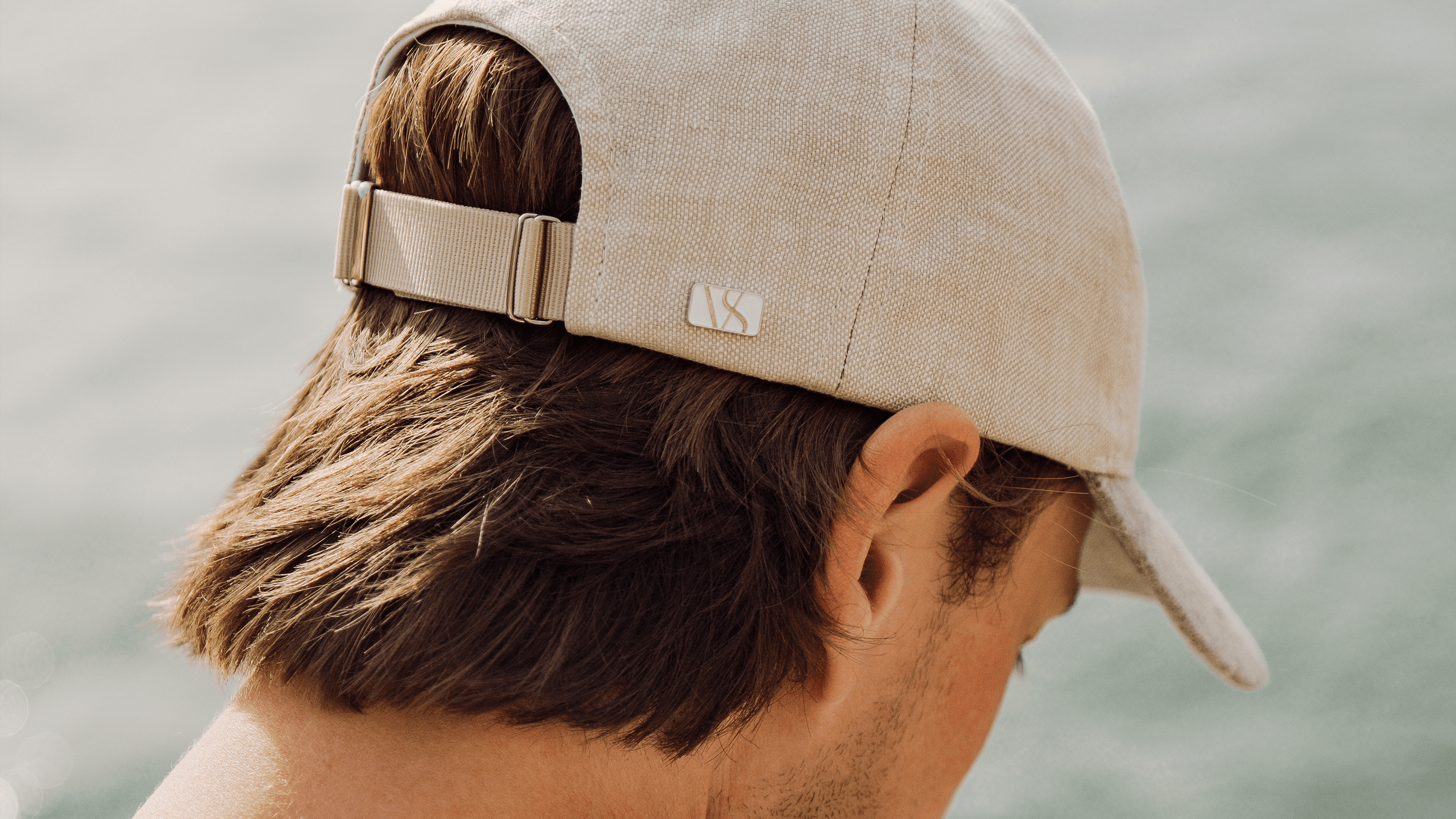 Back view of hampton beige linen on male model