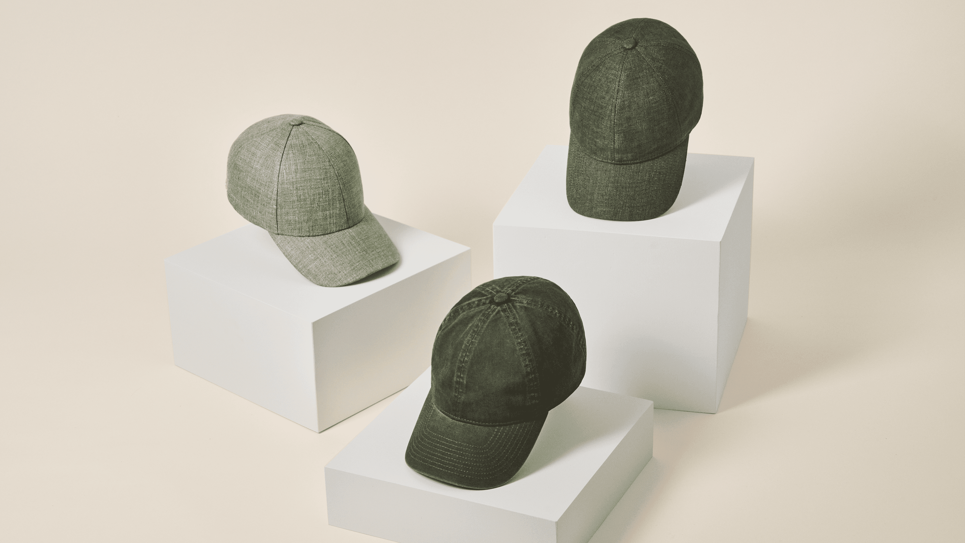 Green caps from varsity headwear in linen and washed cotton materials