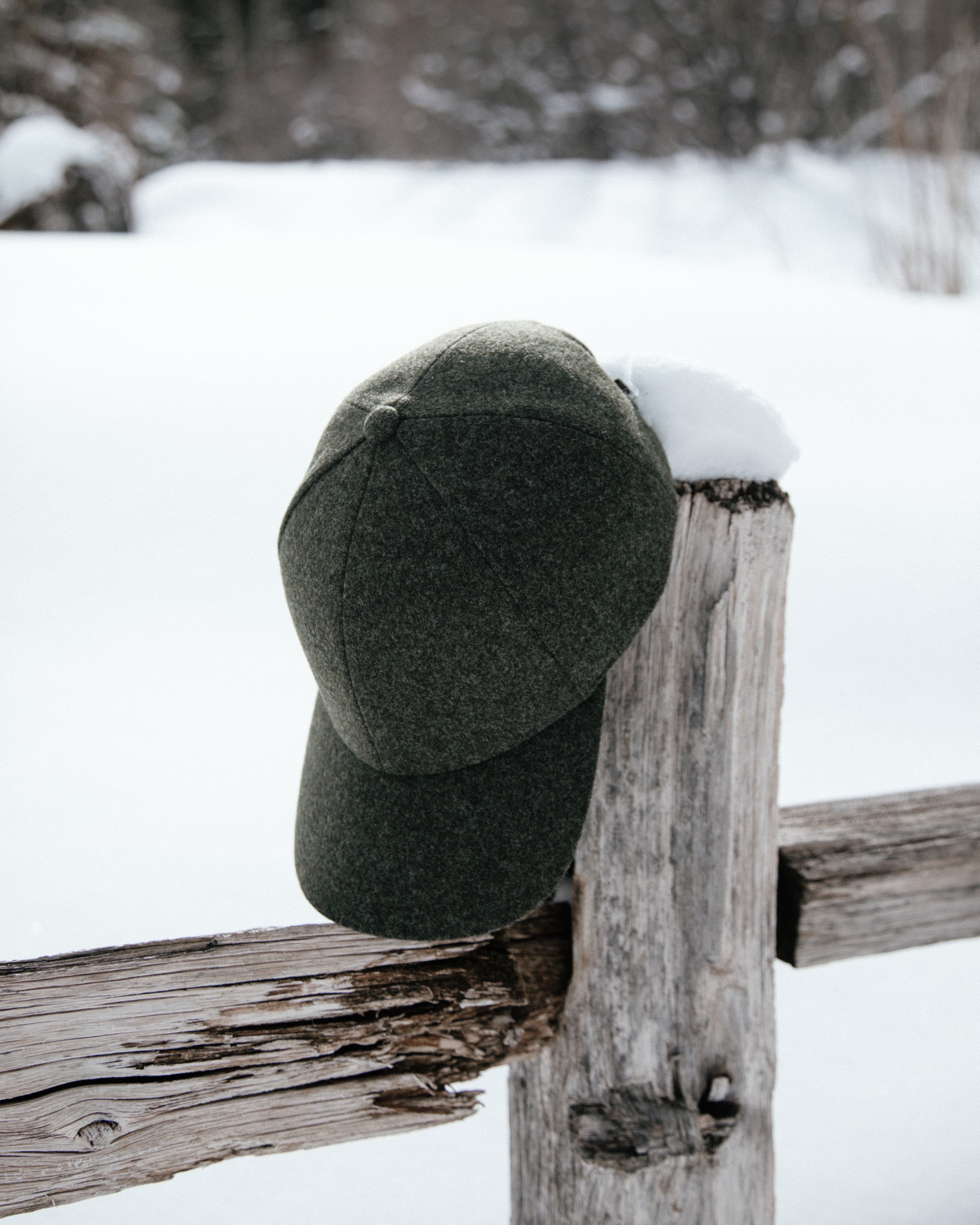 Side view of bestseller forest green wool cap in Aspen landscape