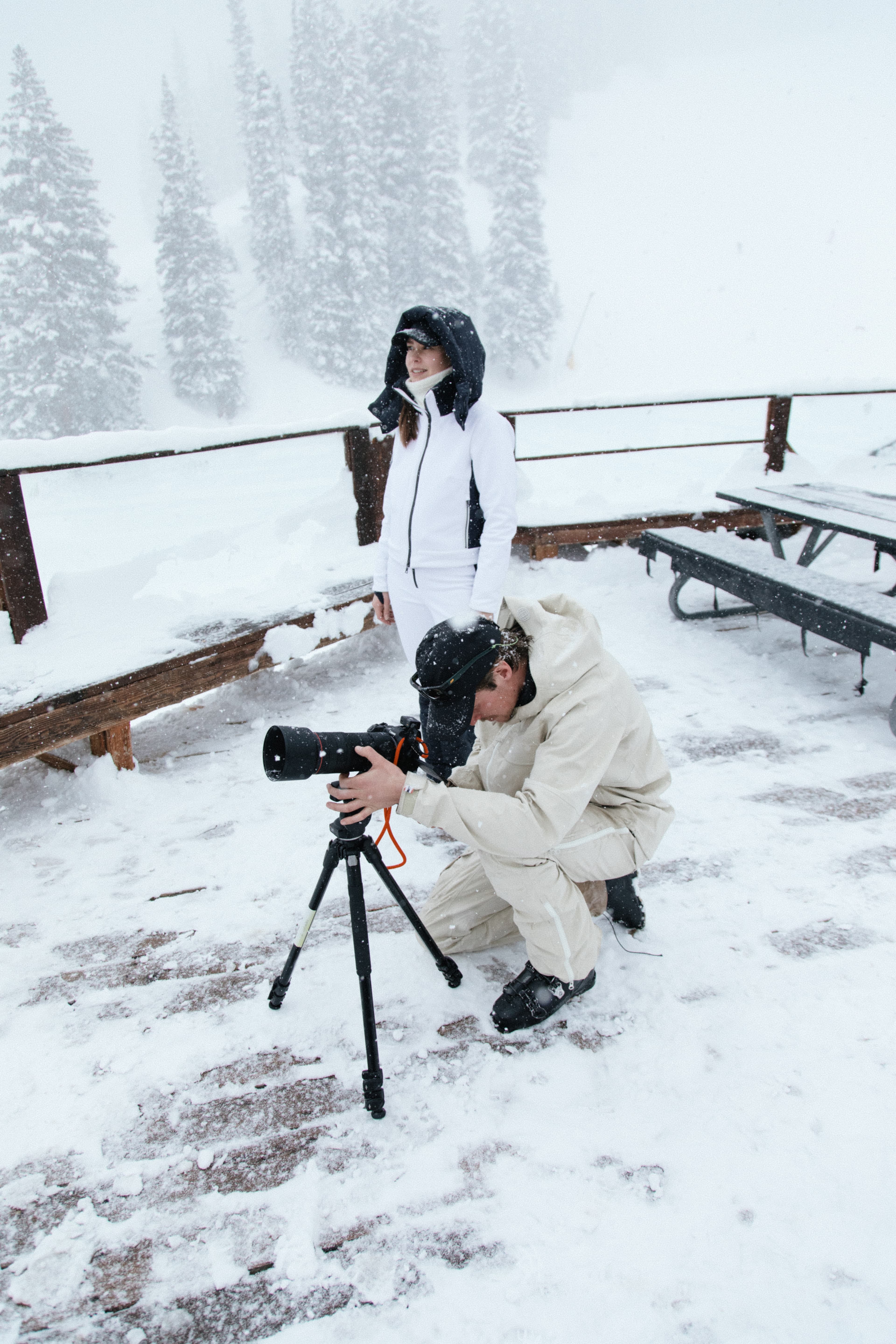 Behind the scenes image of varsity headwear shoot in Aspen