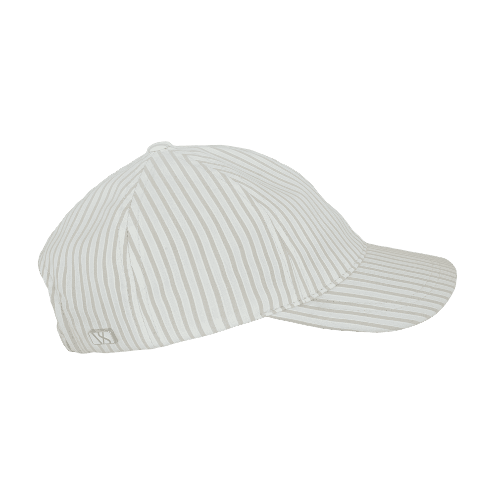 Side view of a beige striped kids baseball cap in cotton from Varsity Headwear