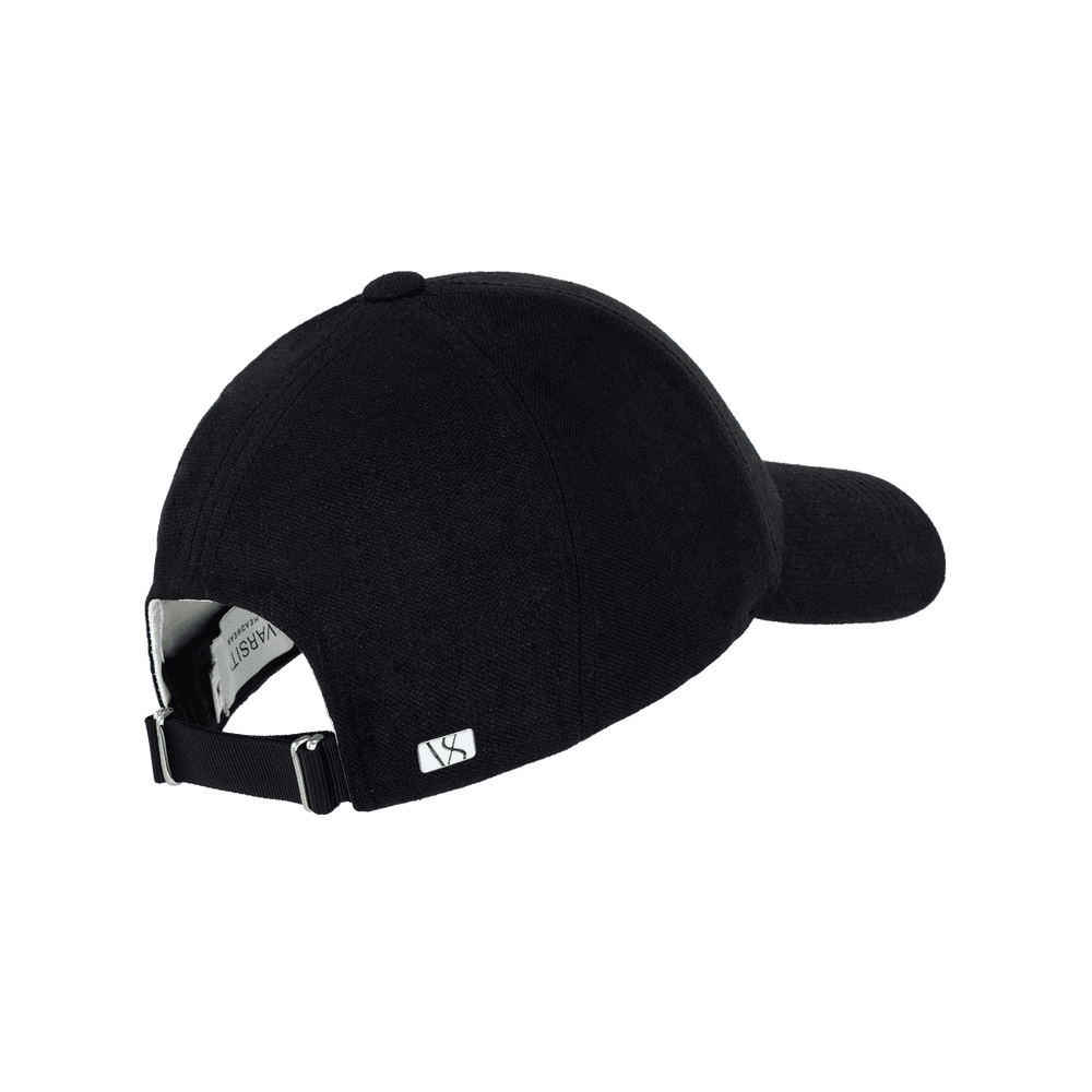 Back view of a Varsity Headwear legacy structured baseball cap in Italian Linen, shown in color licorice black