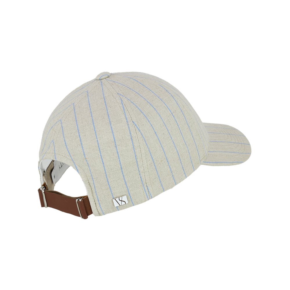 Back view of a Varsity Headwear legacy structured baseball cap in Italian Linen, shown in color beige striped