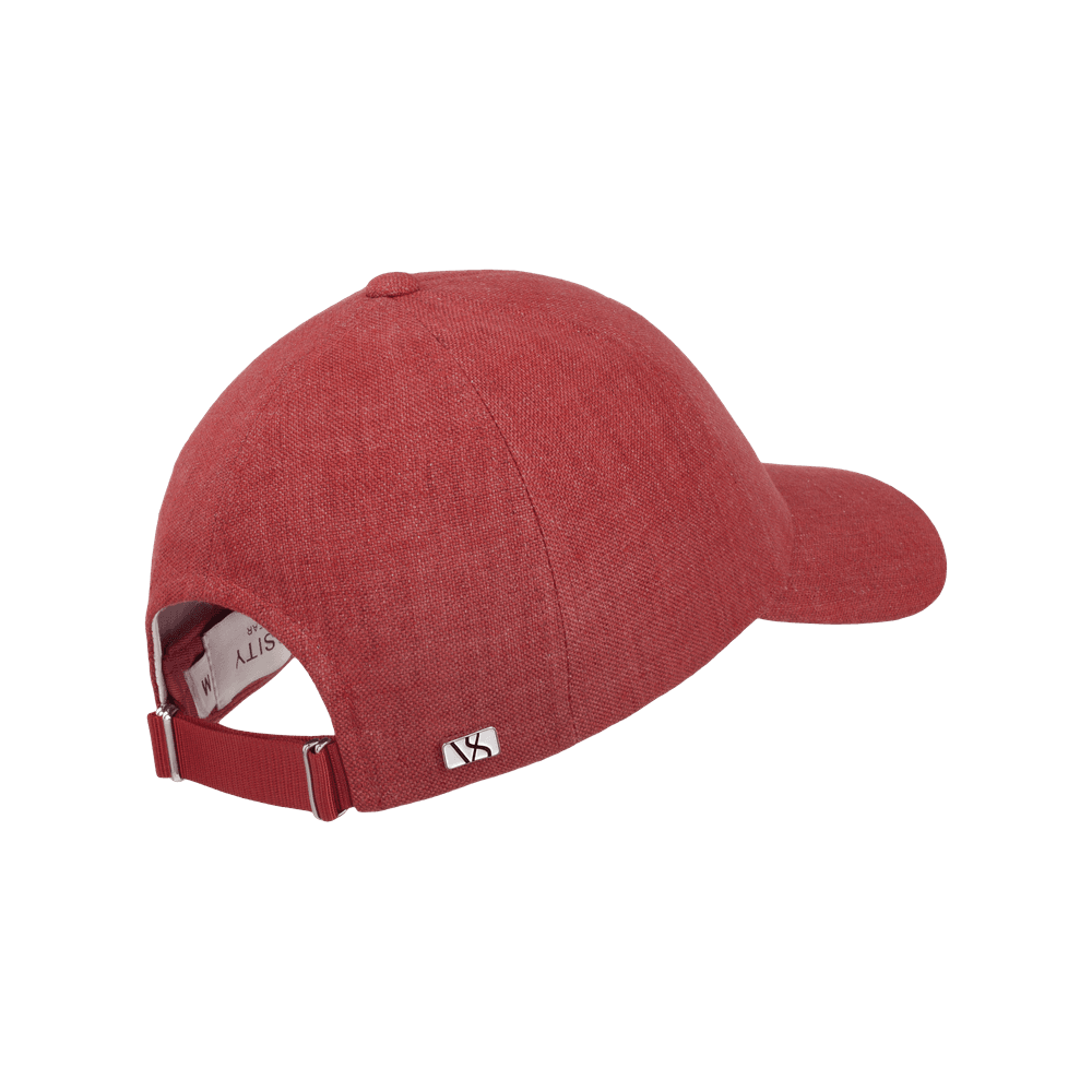 Back view of a amaranth red legacy structured baseball cap in Italian linen from Varsity Headwear