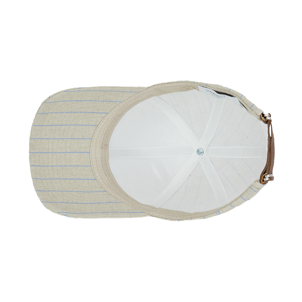 Inside view of a Varsity Headwear legacy structured beige striped baseball cap in Italian Linen