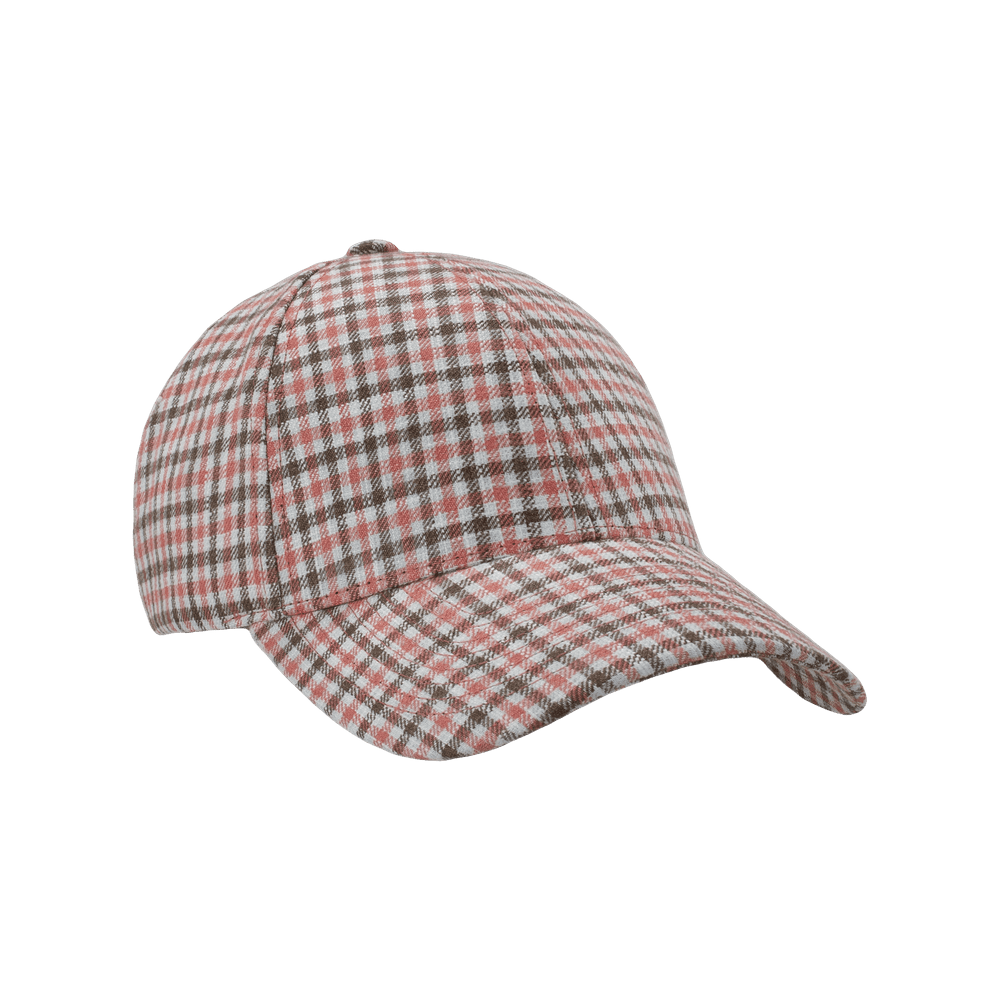 Front view of a Varsity Headwear Legacy structured coral check baseball cap in Italian linen