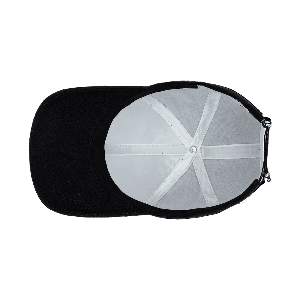 Inside view of a Varsity Headwear legacy structured licorice black baseball cap in Italian Linen