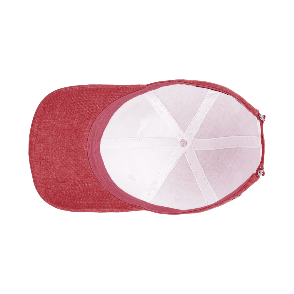 Inside view of a amaranth red legacy structured baseball cap in Italian linen from Varsity Headwear