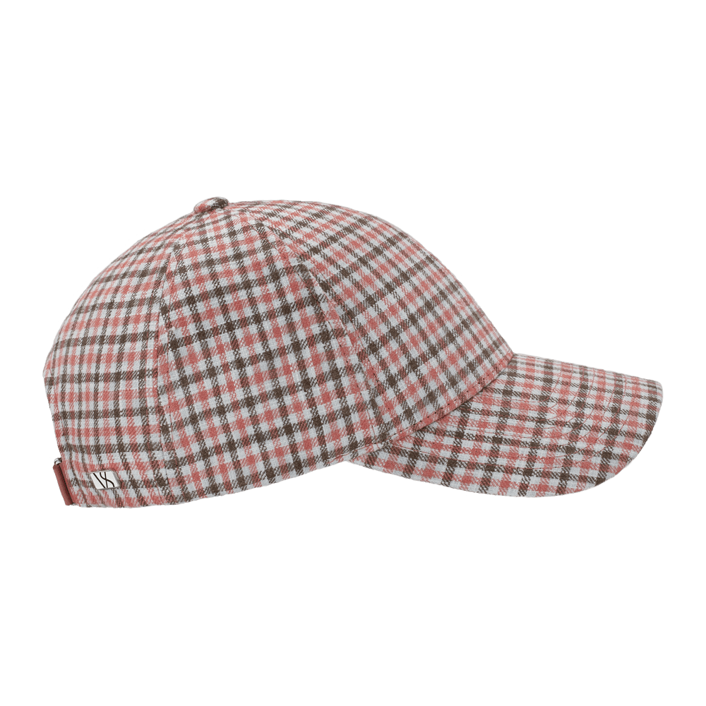 Side view of a coral check legacy structured baseball cap in Italian linen from Varsity Headwear