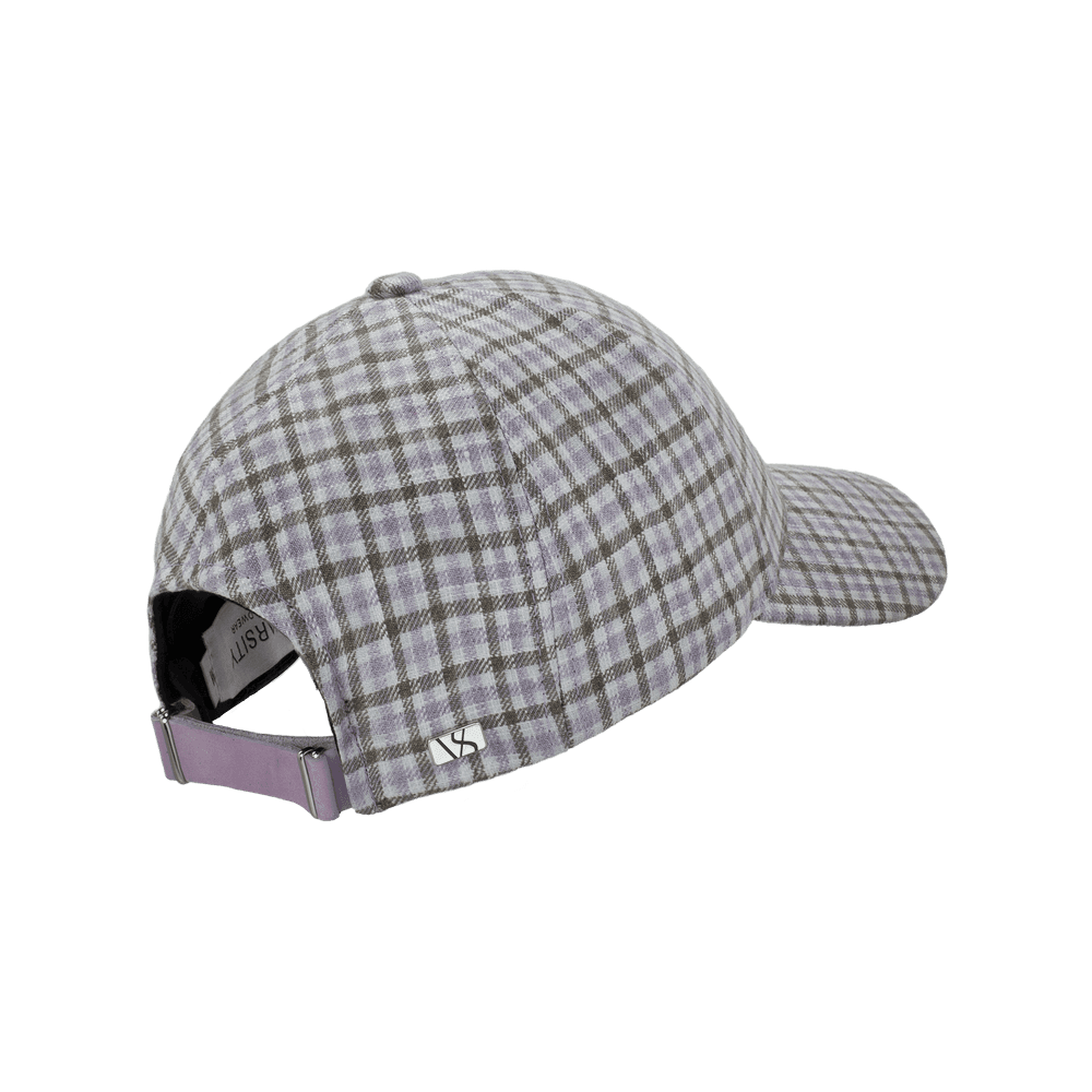 Back view of a Varsity Headwear legacy structured baseball cap in Italian Linen, shown in color lilac check