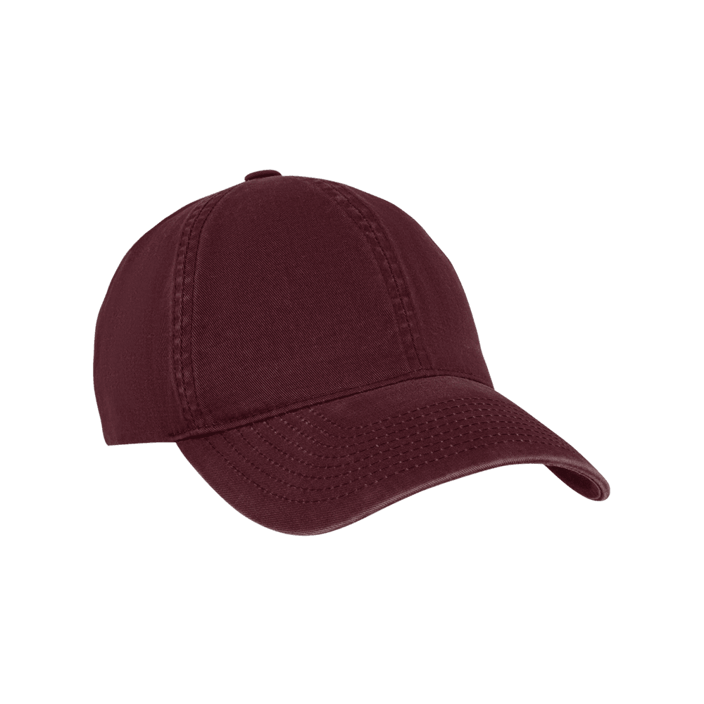 Front view of a Varsity Headwear Legacy soft burgundy baseball cap in washed cotton