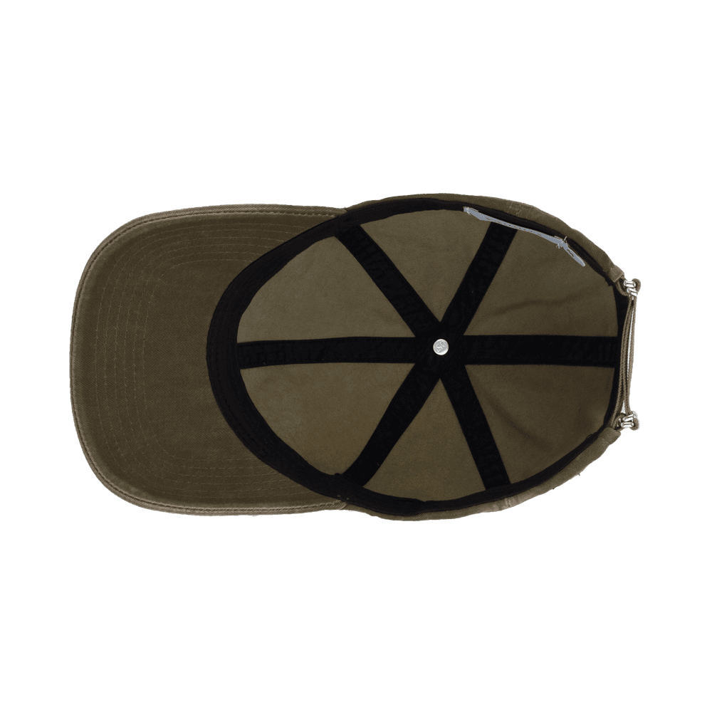 Inside view of a beige legacy soft washed cotton baseball cap from Varsity Headwear