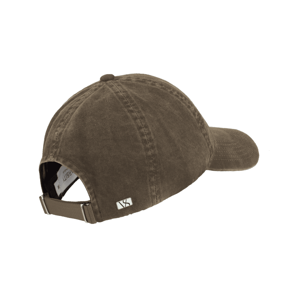 Back view of a beige legacy soft washed cotton baseball cap from Varsity Headwear