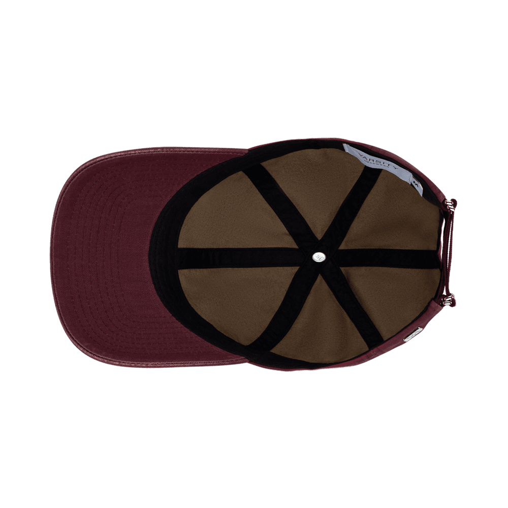 Inside view of a washed cotton Varsity Headwear legacy soft burgundy baseball cap