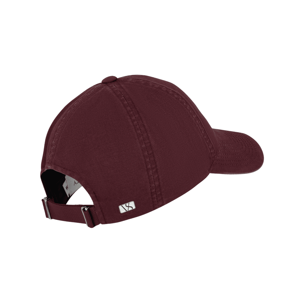 Back view of a Varsity Headwear legacy soft washed cotton baseball cap, shown in color burgundy
