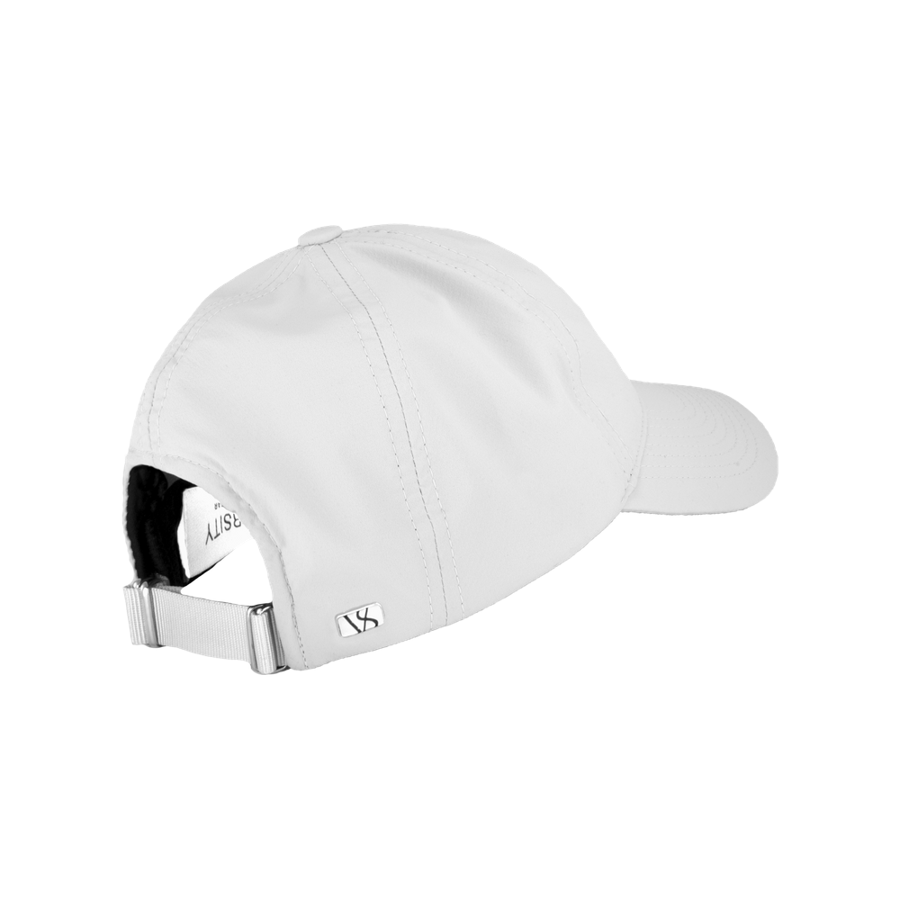 Back view of a Varsity Headwear legacy structured active tech white baseball cap