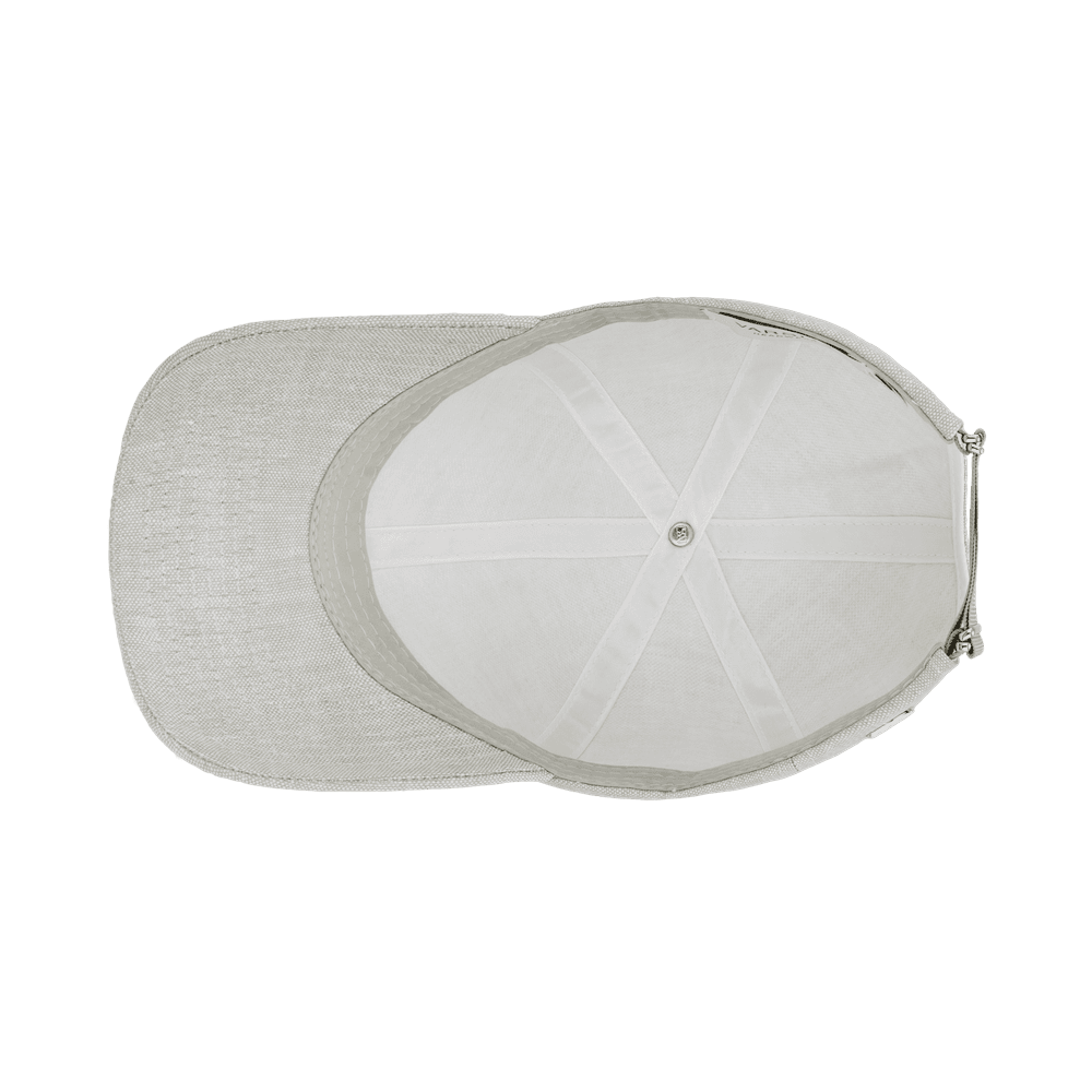 Inside view of a Varsity Headwear legacy soft hampton beige baseball cap in Italian Linen