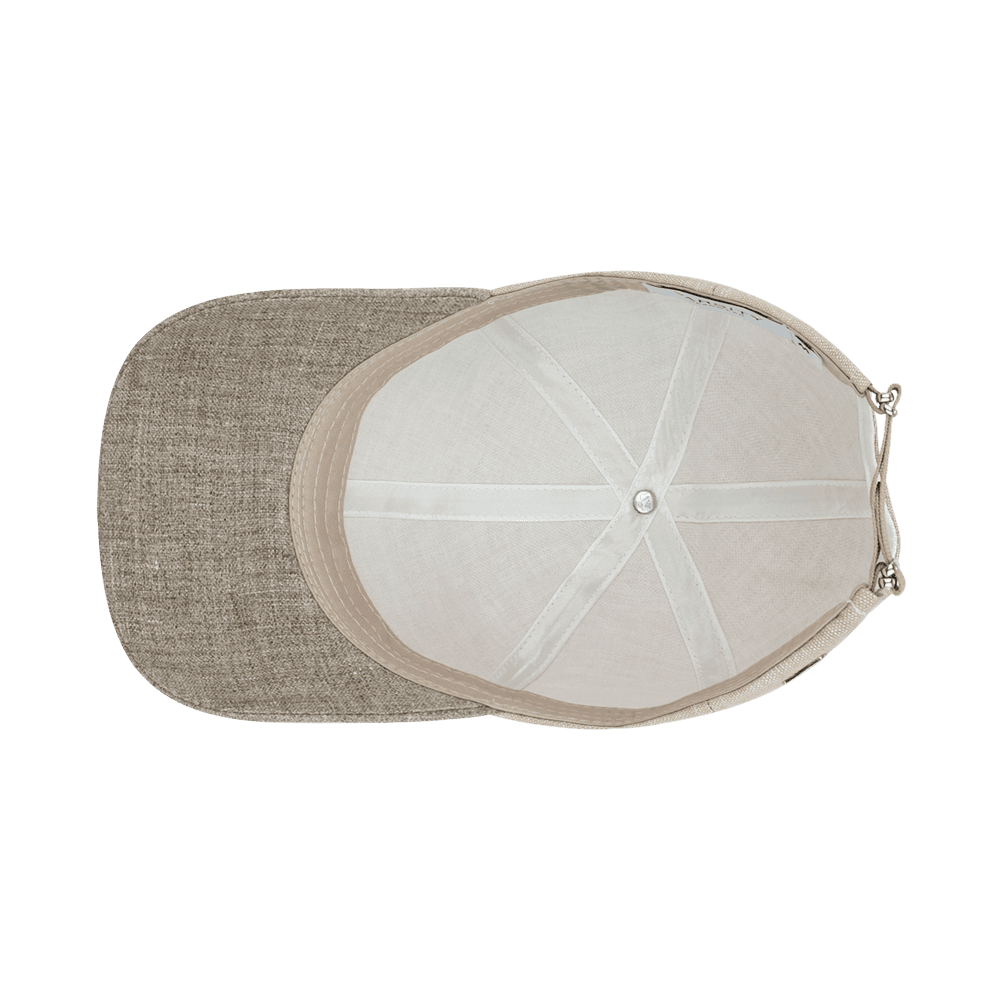 Inside view of a Varsity Headwear legacy soft pilat beige baseball cap in Italian Linen