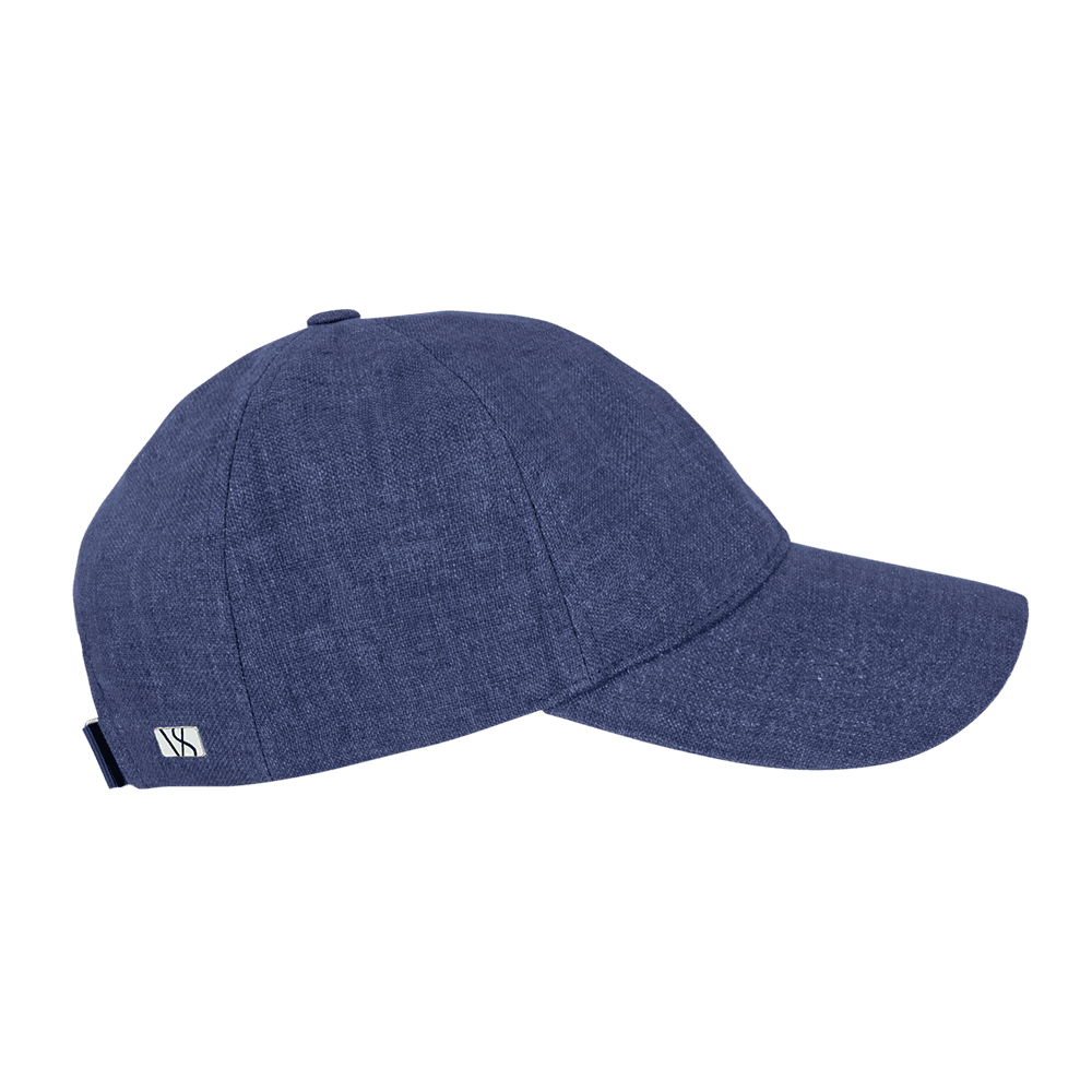 Side view of a oxford blue legacy soft baseball cap in Italian linen from Varsity Headwear