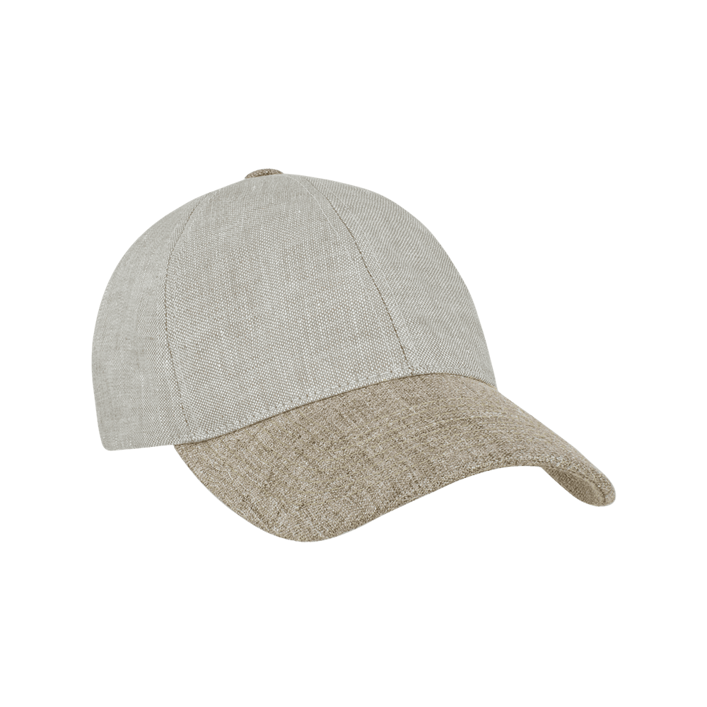 Front view of a Varsity Headwear legacy soft pilat beige baseball cap in Italian Linen