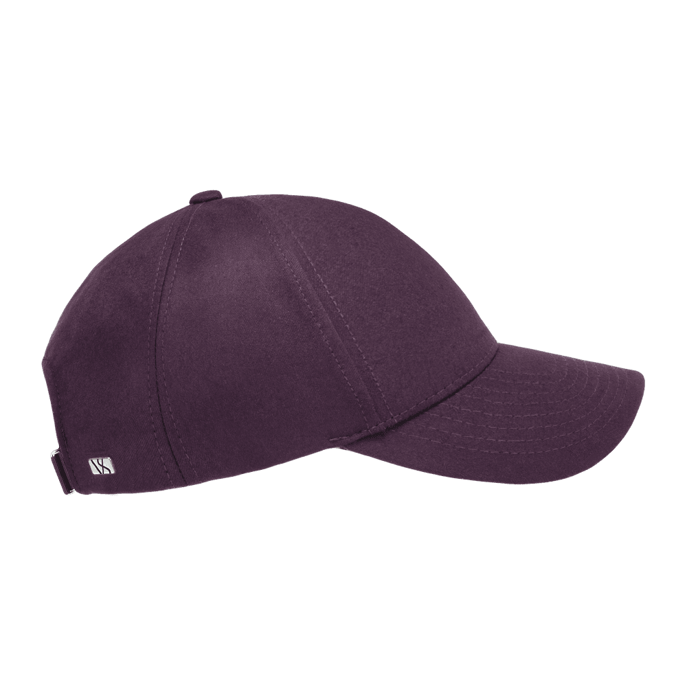 Side view of a Varsity Headwear legacy structured wool tech burgundy baseball cap