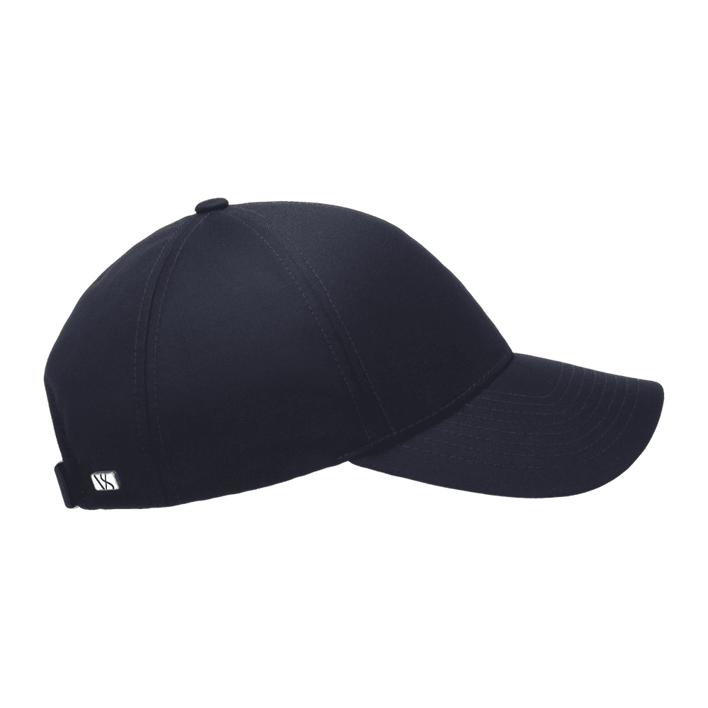 Side view of a Varsity Headwear legacy structured wool tech navy baseball cap
