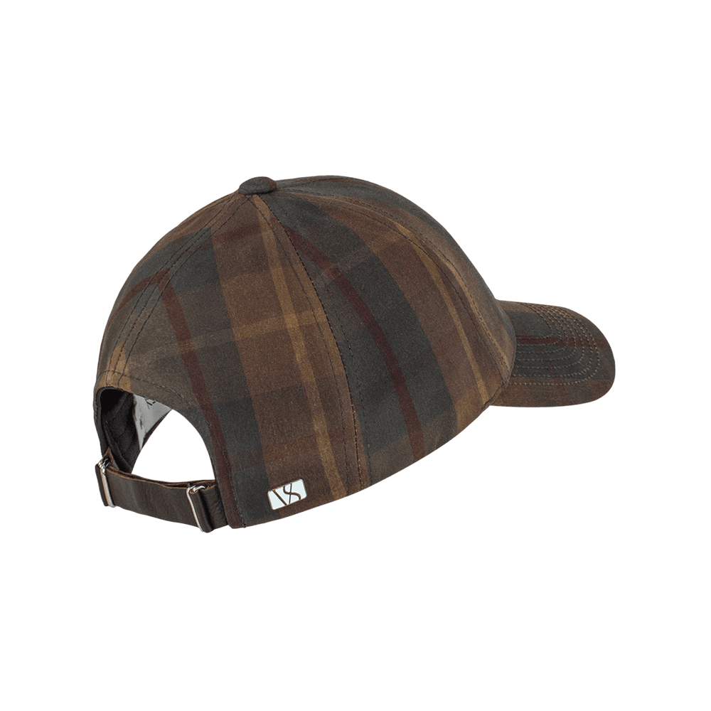 Back view of a Varsity Headwear legacy structured oilskin hunter brown tartan baseball cap