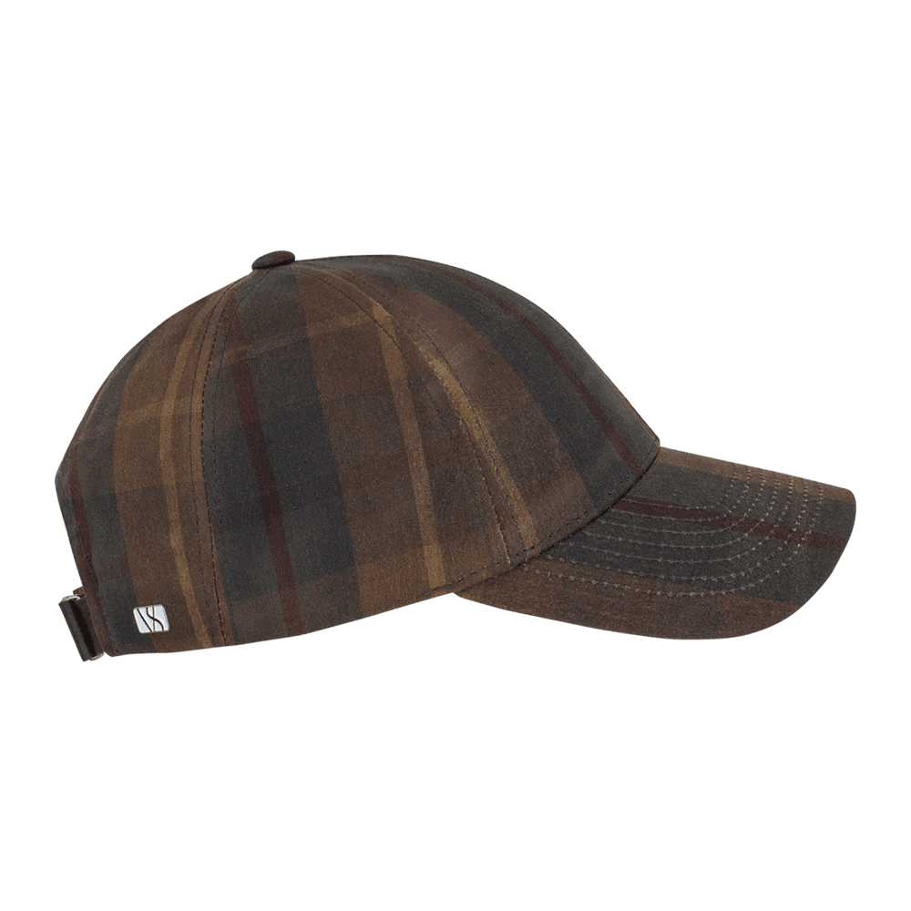 Side view of a Varsity Headwear legacy structured oilskin hunter brown tartan baseball cap