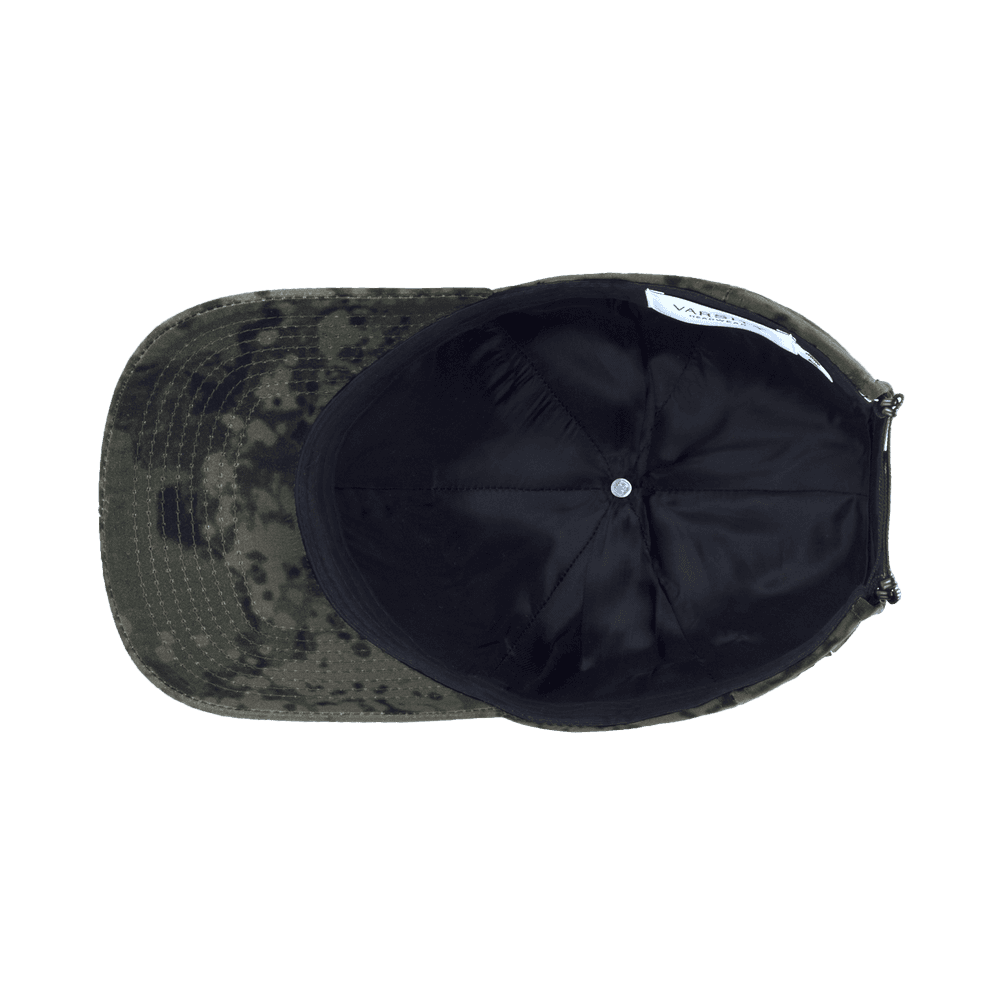 Inside view of a Varsity Headwear legacy structured oilskin tempest camo baseball cap