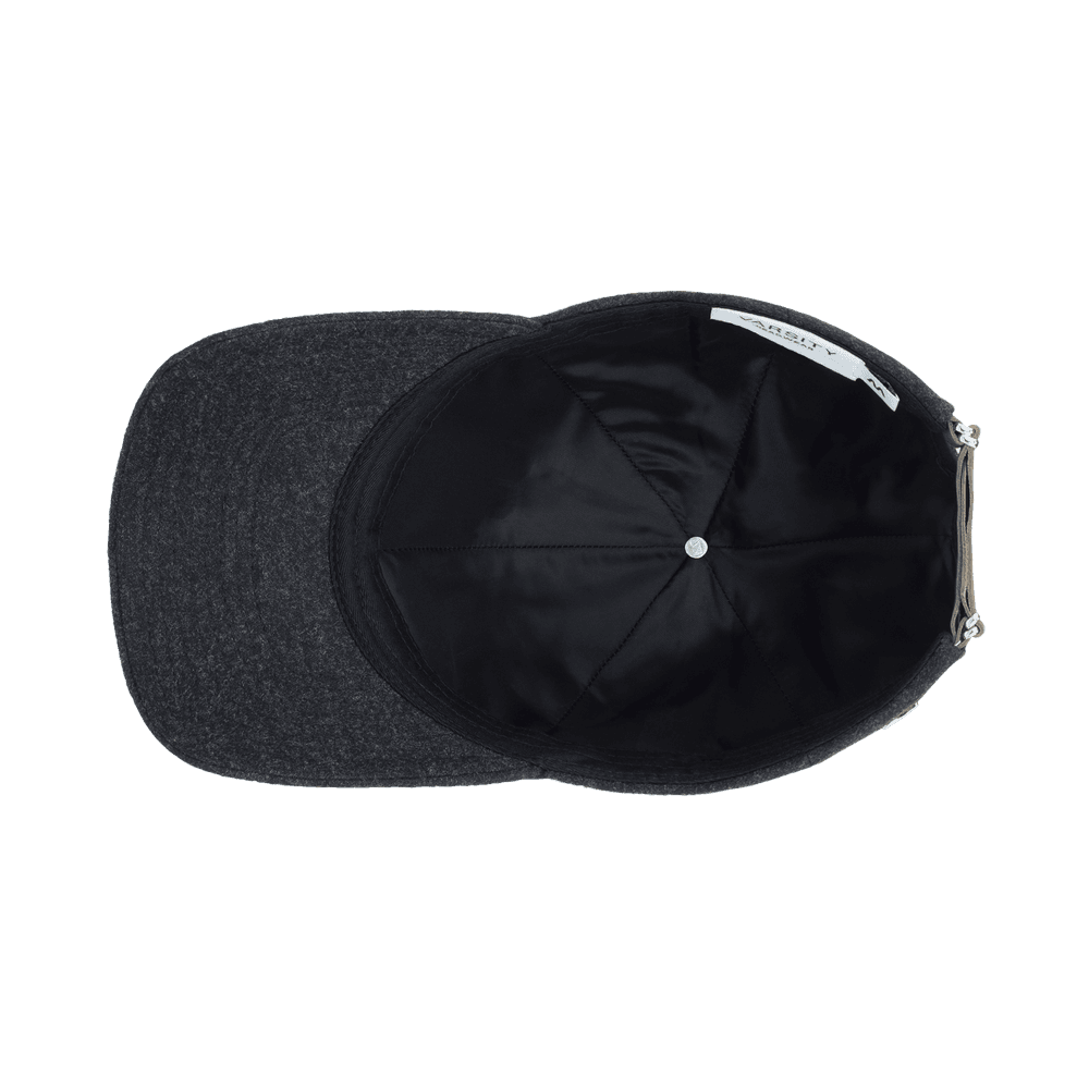 Inside view of a Varsity Headwear legacy structured cashmere dark grey baseball cap