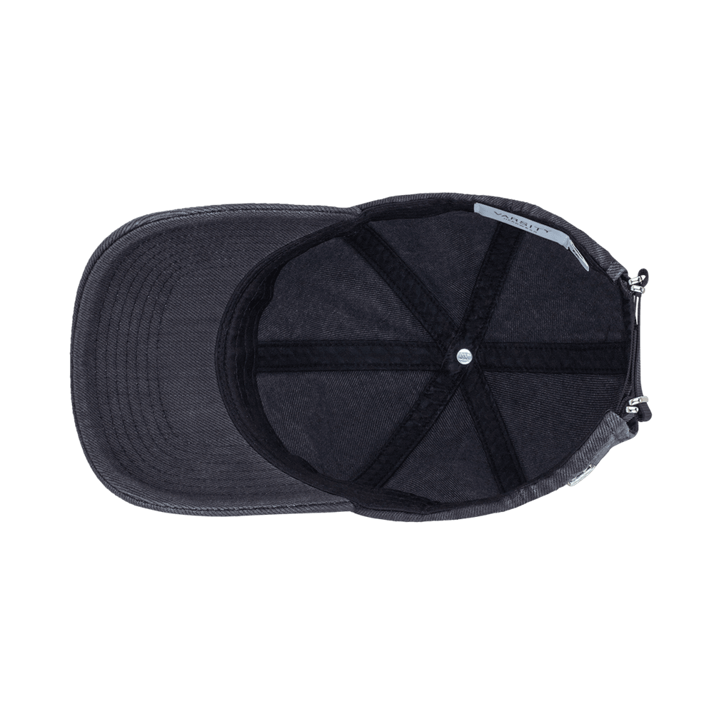 Inside view of a black washed legacy soft denim baseball cap from Varsity Headwear