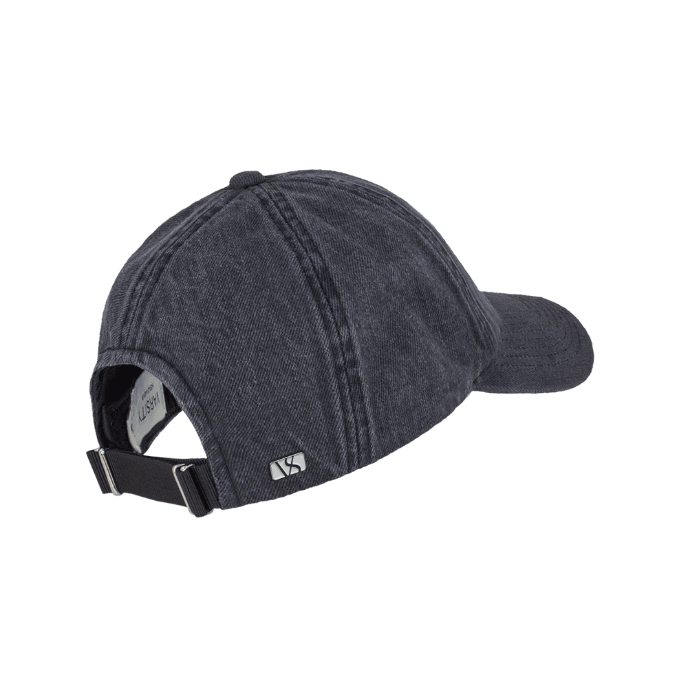 Back view of a black washed legacy soft denim baseball cap from Varsity Headwear