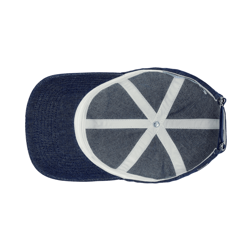 Inside view of a blue legacy soft denim baseball cap from Varsity Headwear