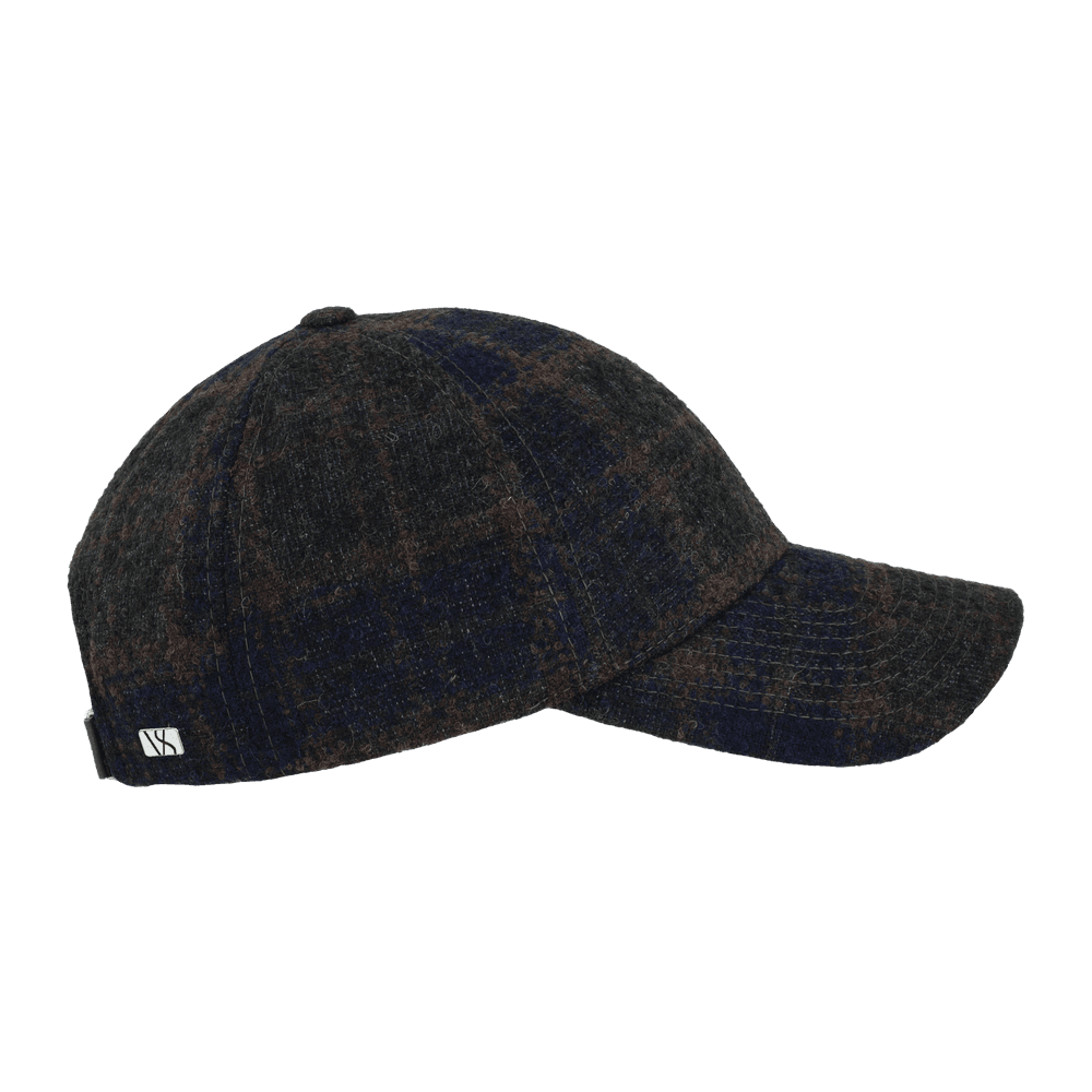 Side view of a green check legacy structured baseball cap in Alpaca wool from Varsity Headwear