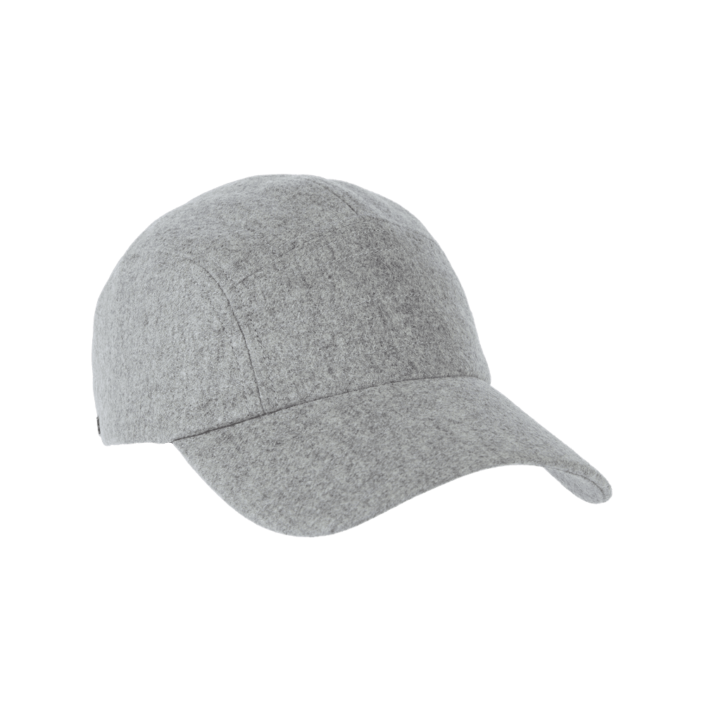 Front view of a Varsity Headwear stride wool grey baseball cap with earflaps