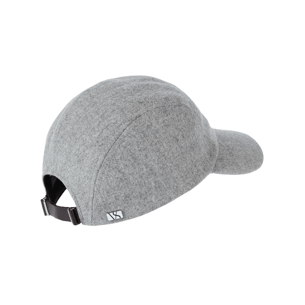 Back view of a Varsity Headwear stride wool grey baseball cap with earflaps