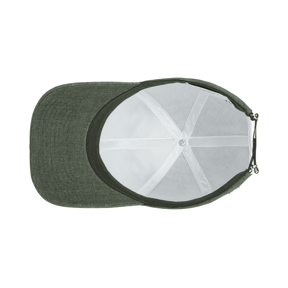 Inside view of a legacy structured linen cap in french olive