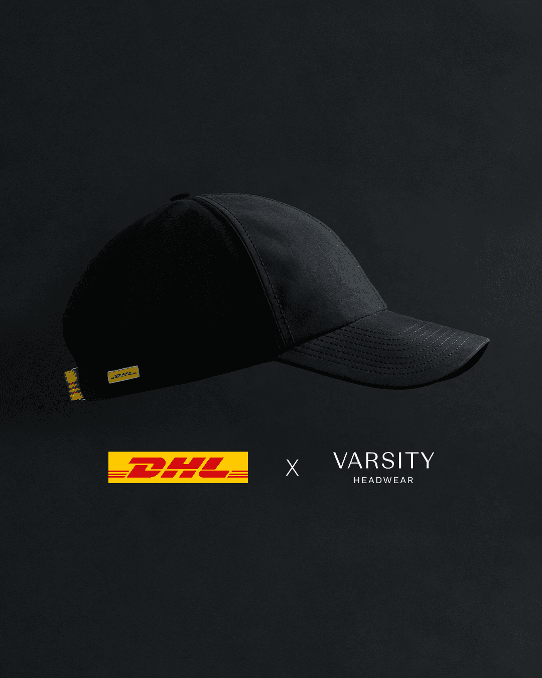 Side view of black collaboration cap between VH and DHL