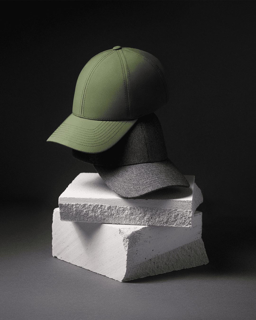 Green sports cap and brown wool cap from Varsity Headwear