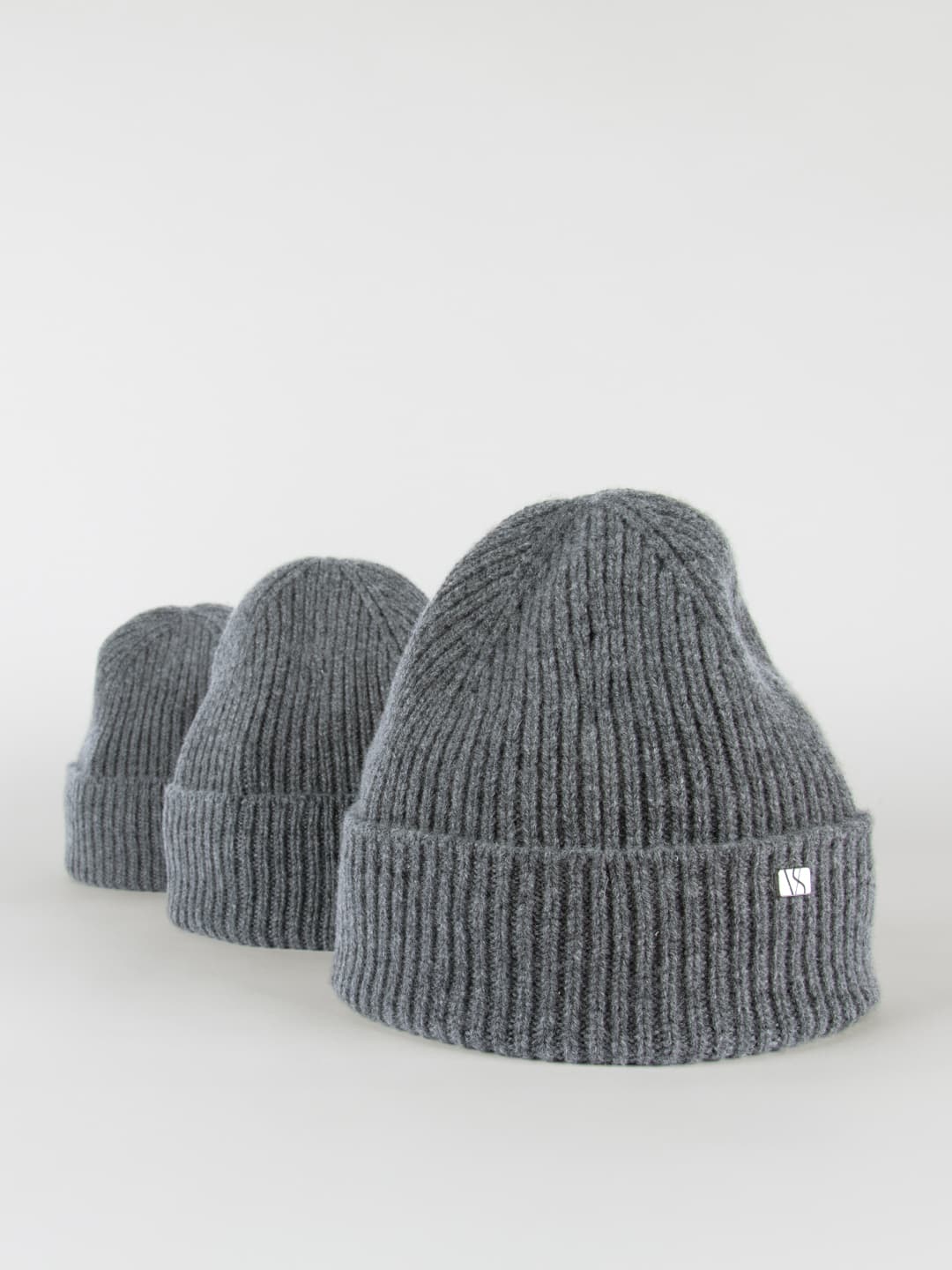 Front view of grey cahsmere wool beanies from Varsity Headwear in different sizes