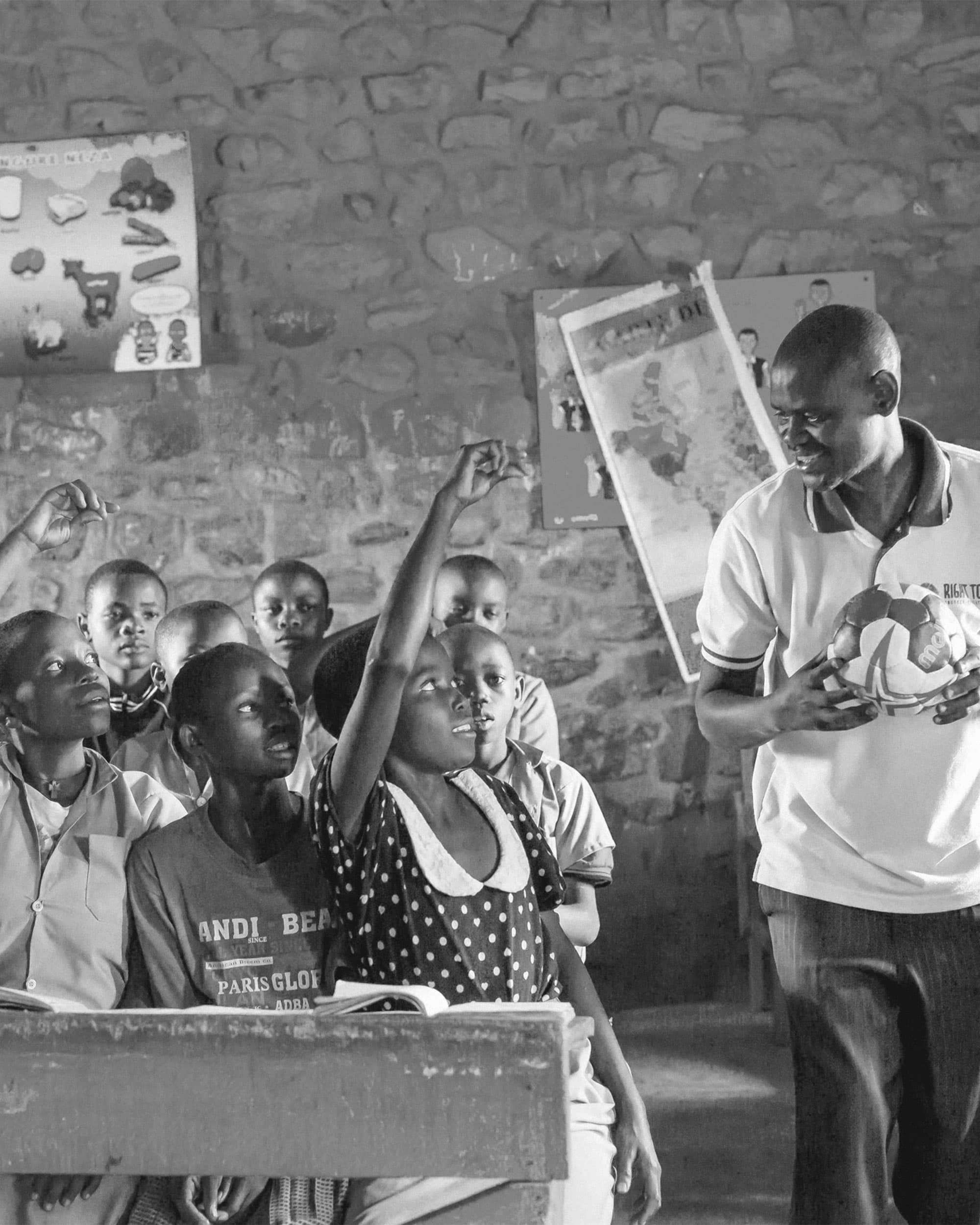 Black and white image of children at school