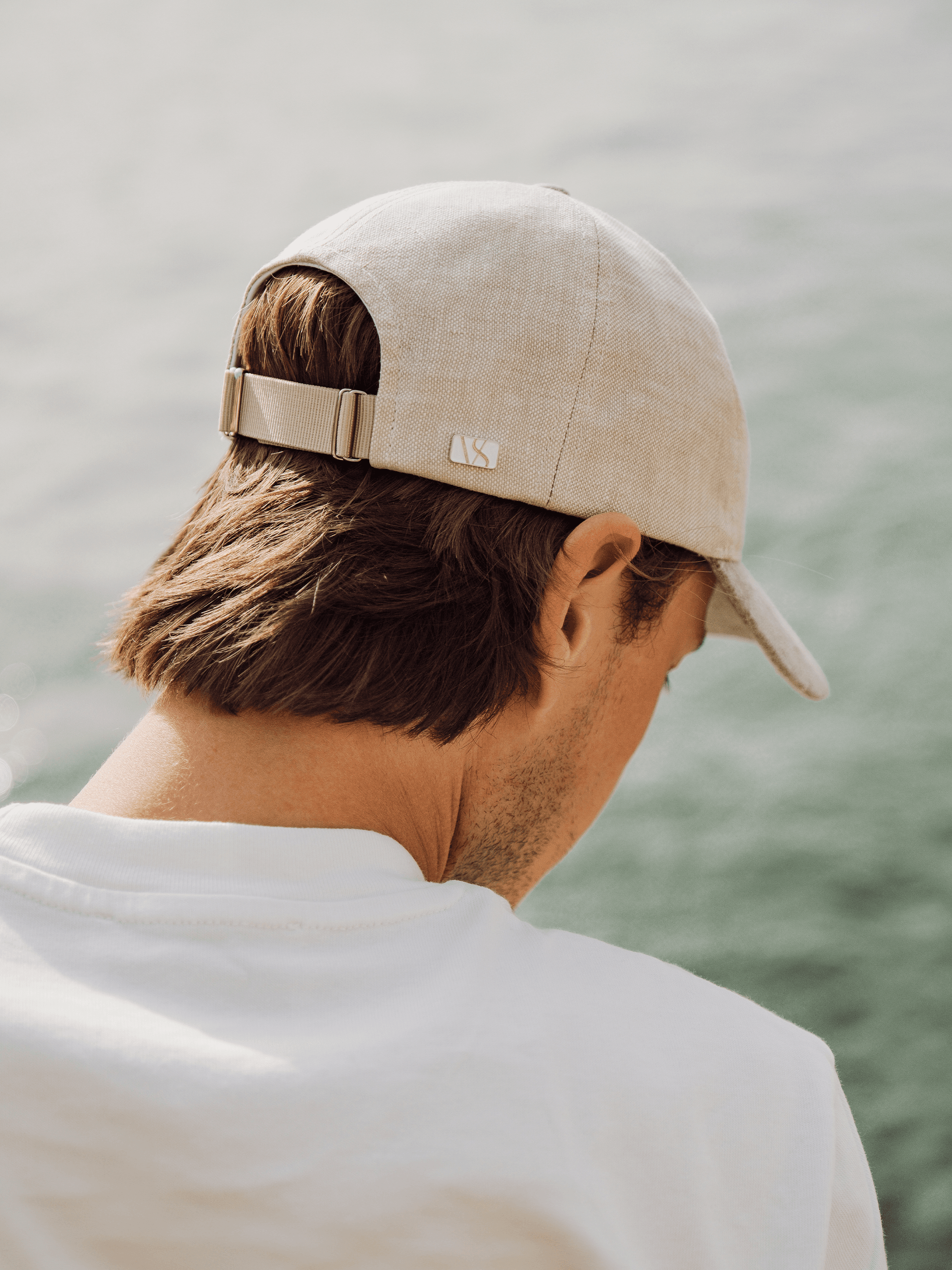 Back view of hampton beige linen on male model