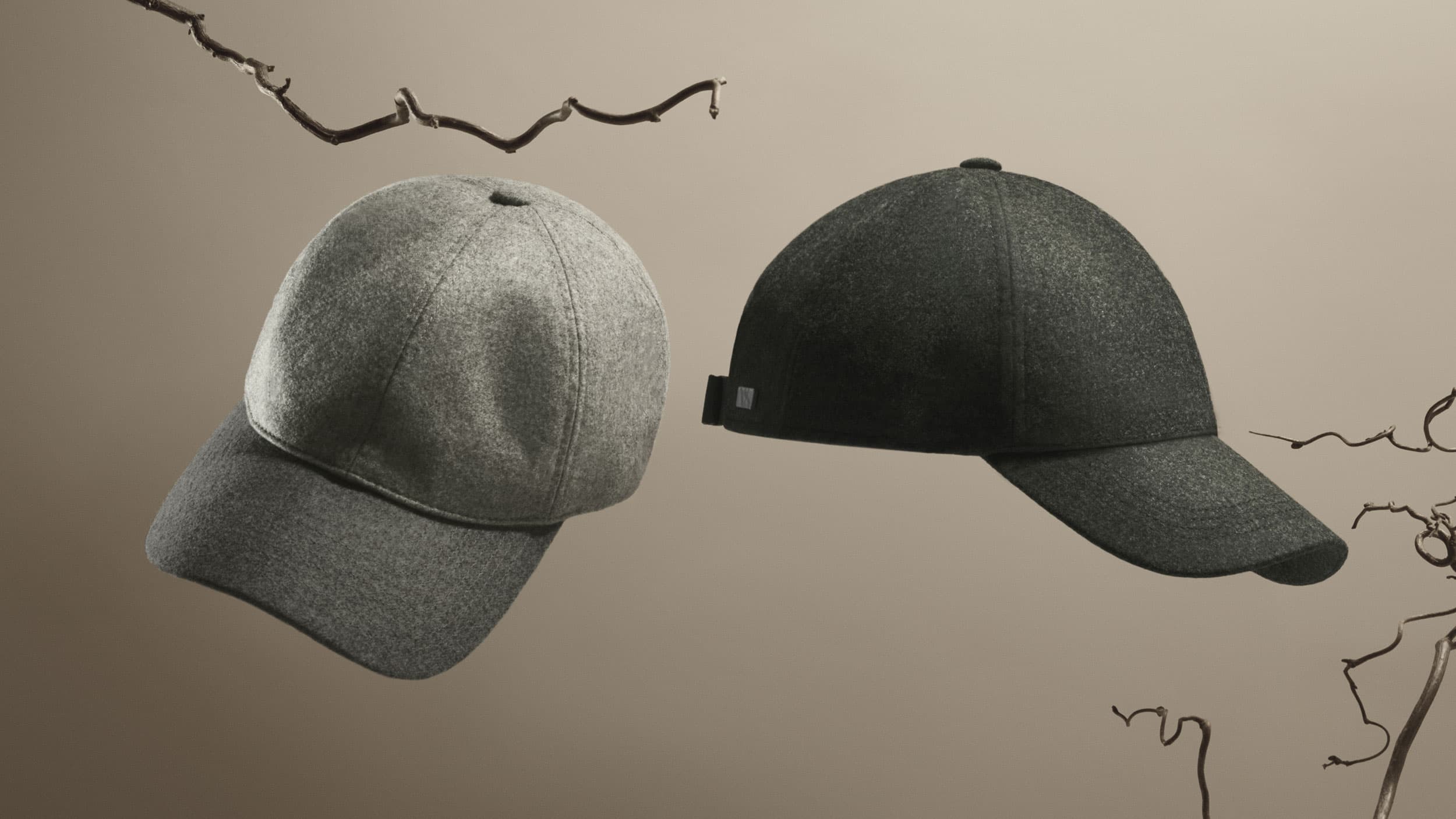 Front view of dual wool caps in taupe brown and umber beige from varsity headwear