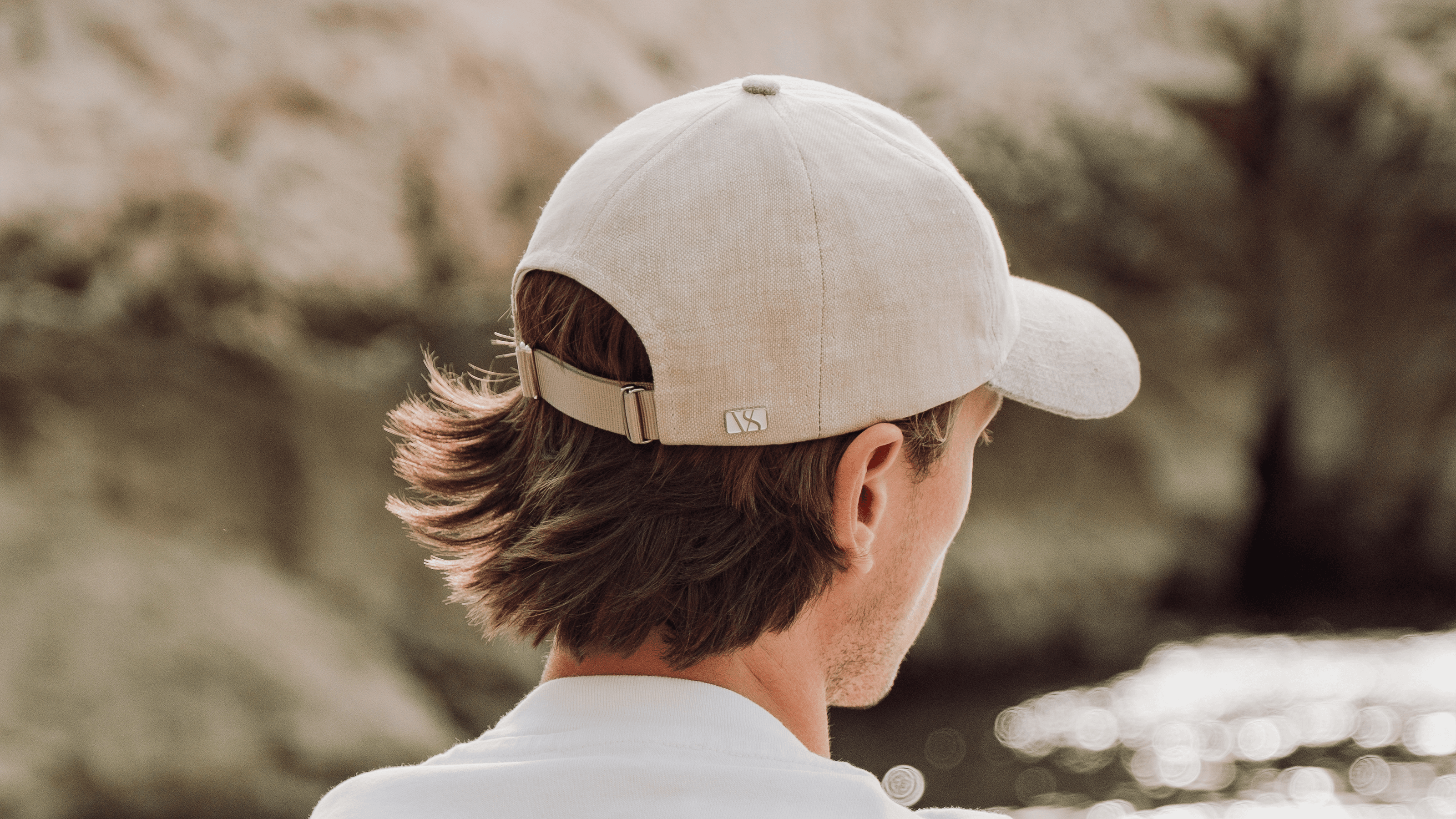 Back view of hampton beige linen on male model