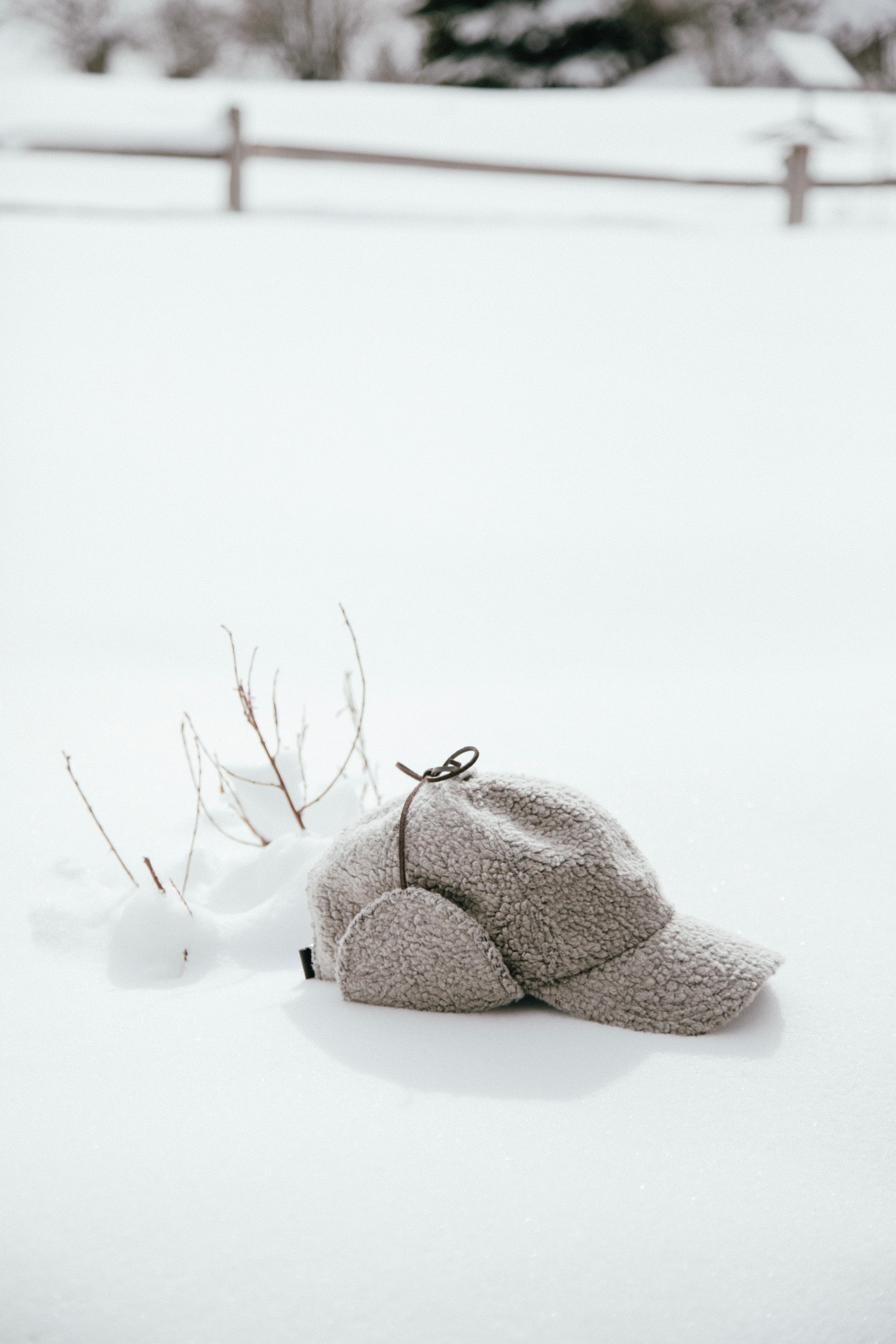 A teddy winter cap rests on pristine snow with folded earflaps.