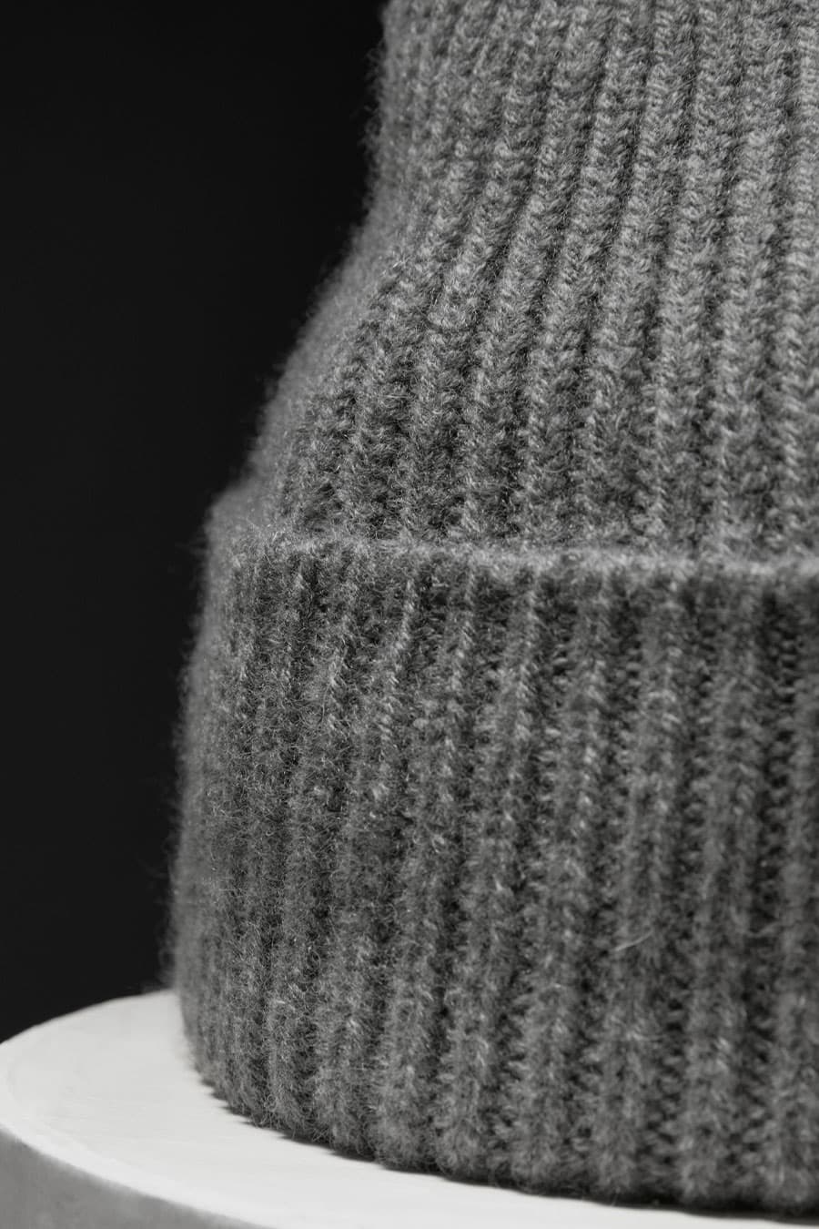Detailed close view of grey beanie in cashmere merino wool blend from Varsity Headwear