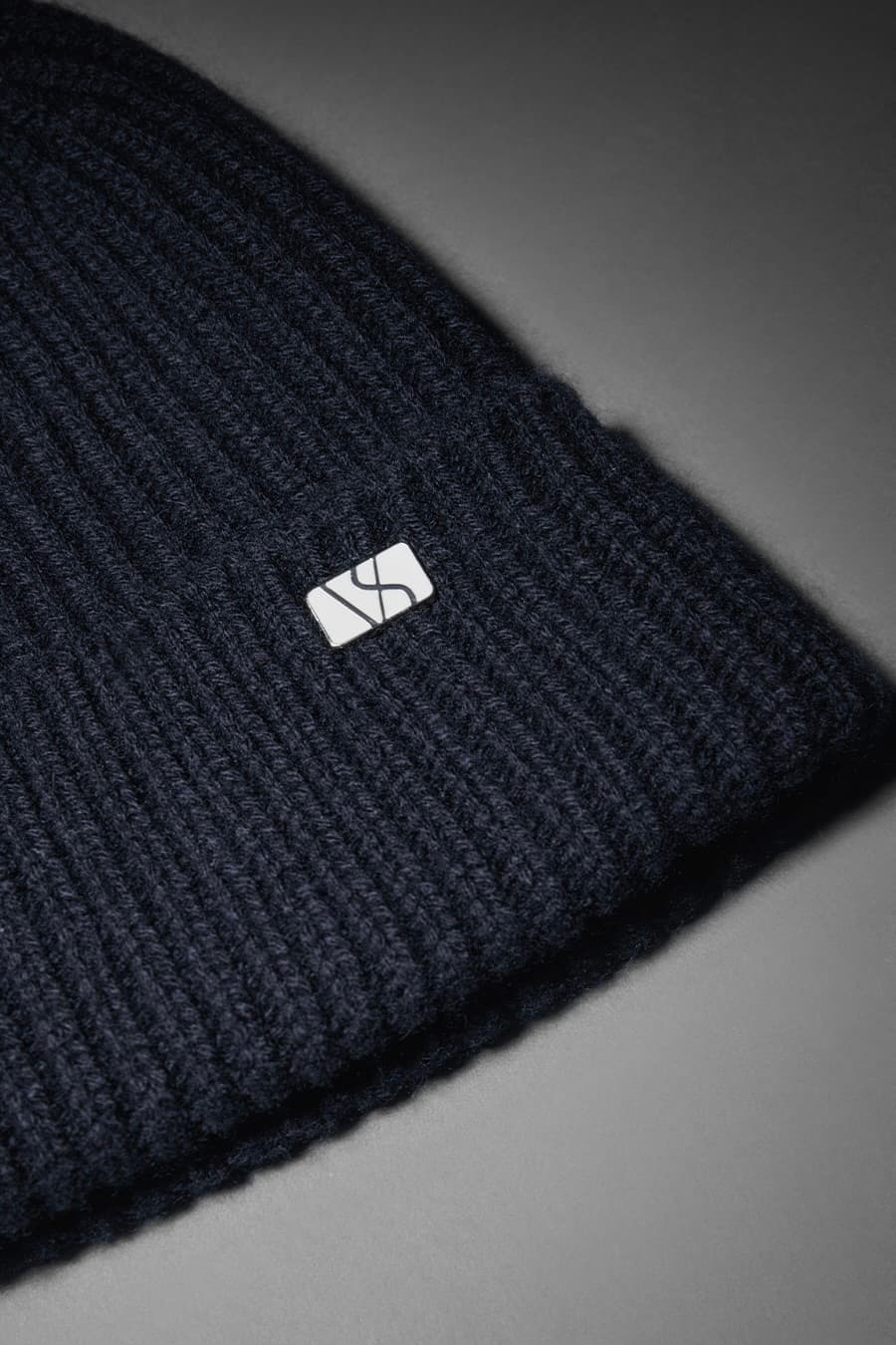 Close view of navy beanie in cashmere merino wool blend from Varsity Headwear