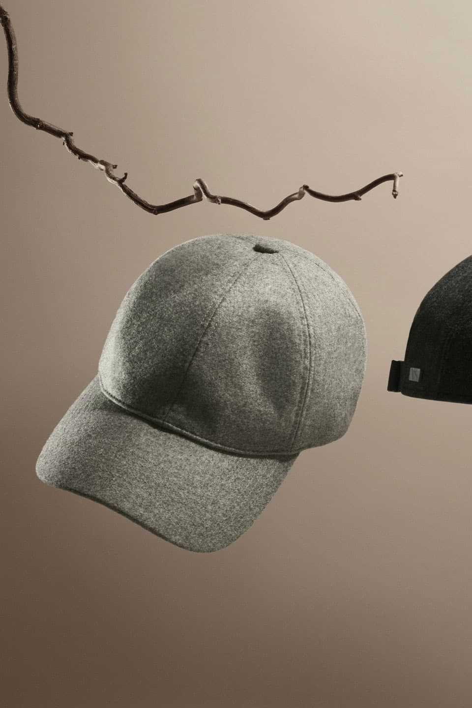 Front view of a taupe brown virgin wool cap from varsity headwear