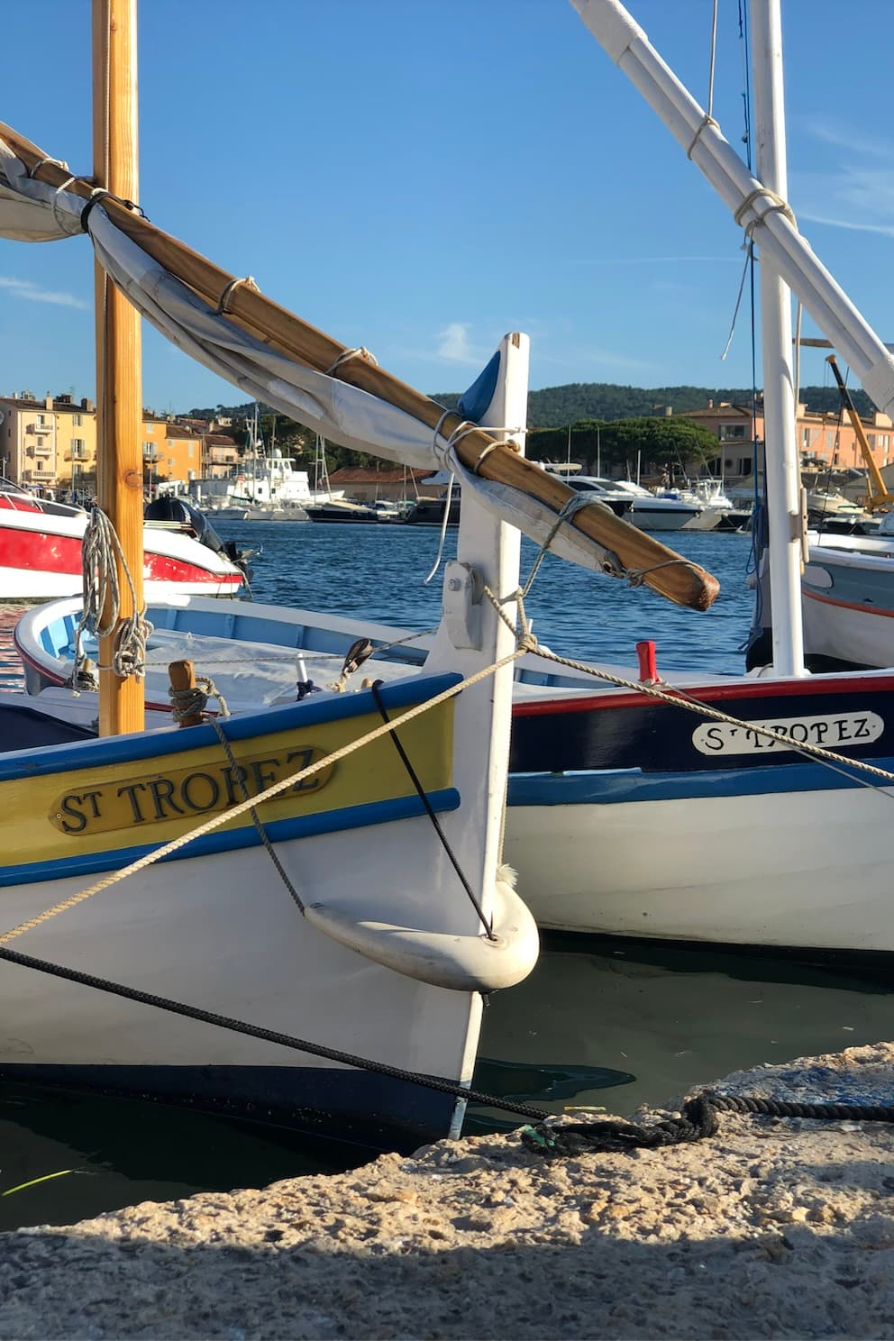 Colorful and painted boats at the beach in Saint-Tropez
